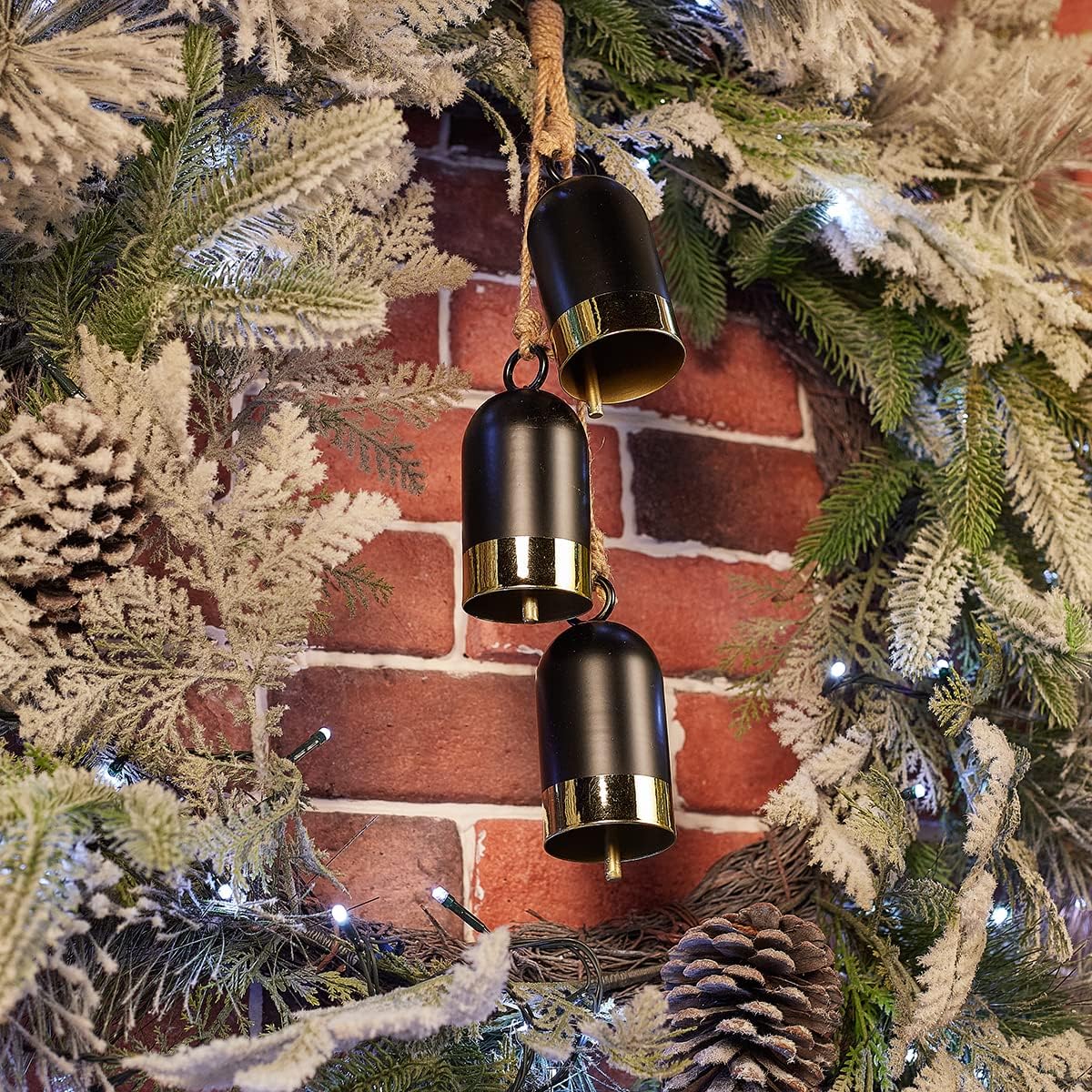 Christmas Door Bell Hanger,Set of 3 Cow Bell Hangers,Wall Hanging Black/Gold Bells Ornaments for Christmas Holiday Farmhouse Home Decorative,17 Inches
