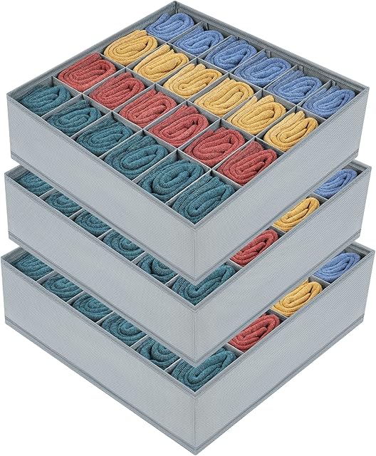 Homsorout Drawer Organiser Sock Storage, 24 cells Foldable Drawer Dividers Fabric Wardrobe Storage Organiser for Socks, Lingerie, Handkerchiefs, Ties, Set of 3