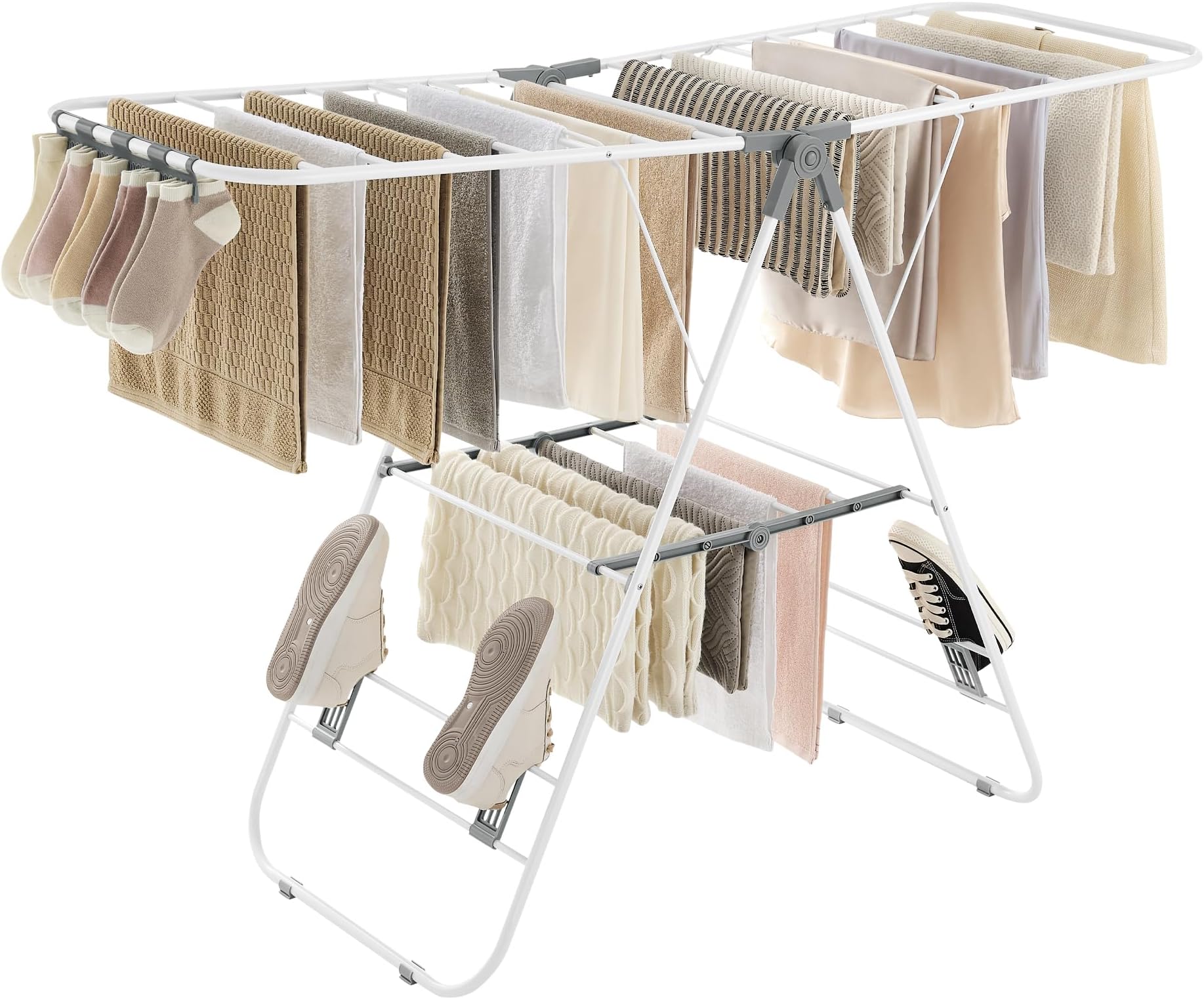 SONGMICS Clothes Airer, Foldable Clothes Drying Rack, Clothes Horse with Height-Adjustable Wings, Free-Standing Laundry Drying Rack, Indoor and Outdoor Use, Steel, White and Grey LLR502G01