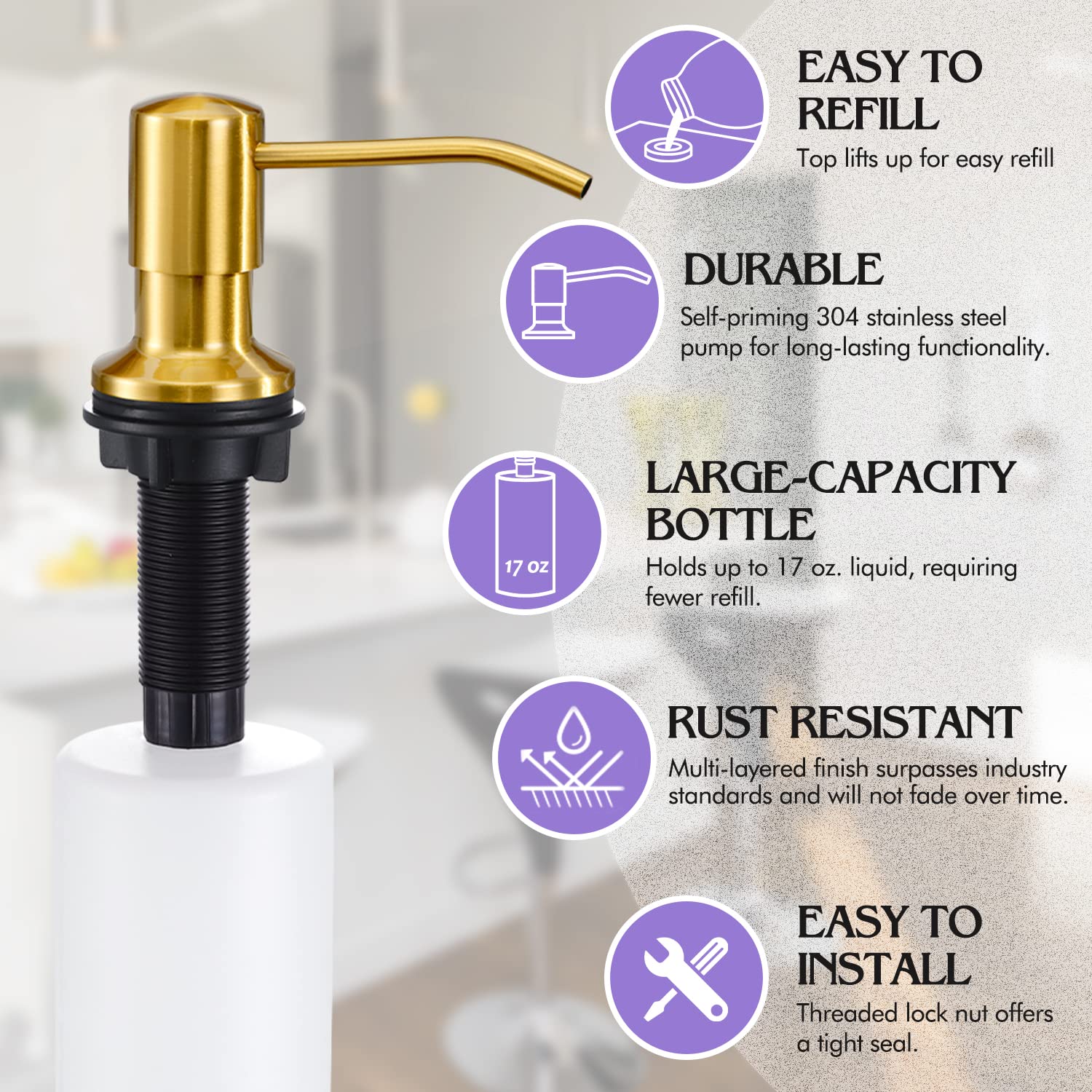 Distributore di Sapone per lavello da Cucina, Oro Spazzolato, distributore di Sapone da Cucina in Acciaio Inossidabile Incorporato, Ricarica dall'alto, per lavello da Cucina da banco