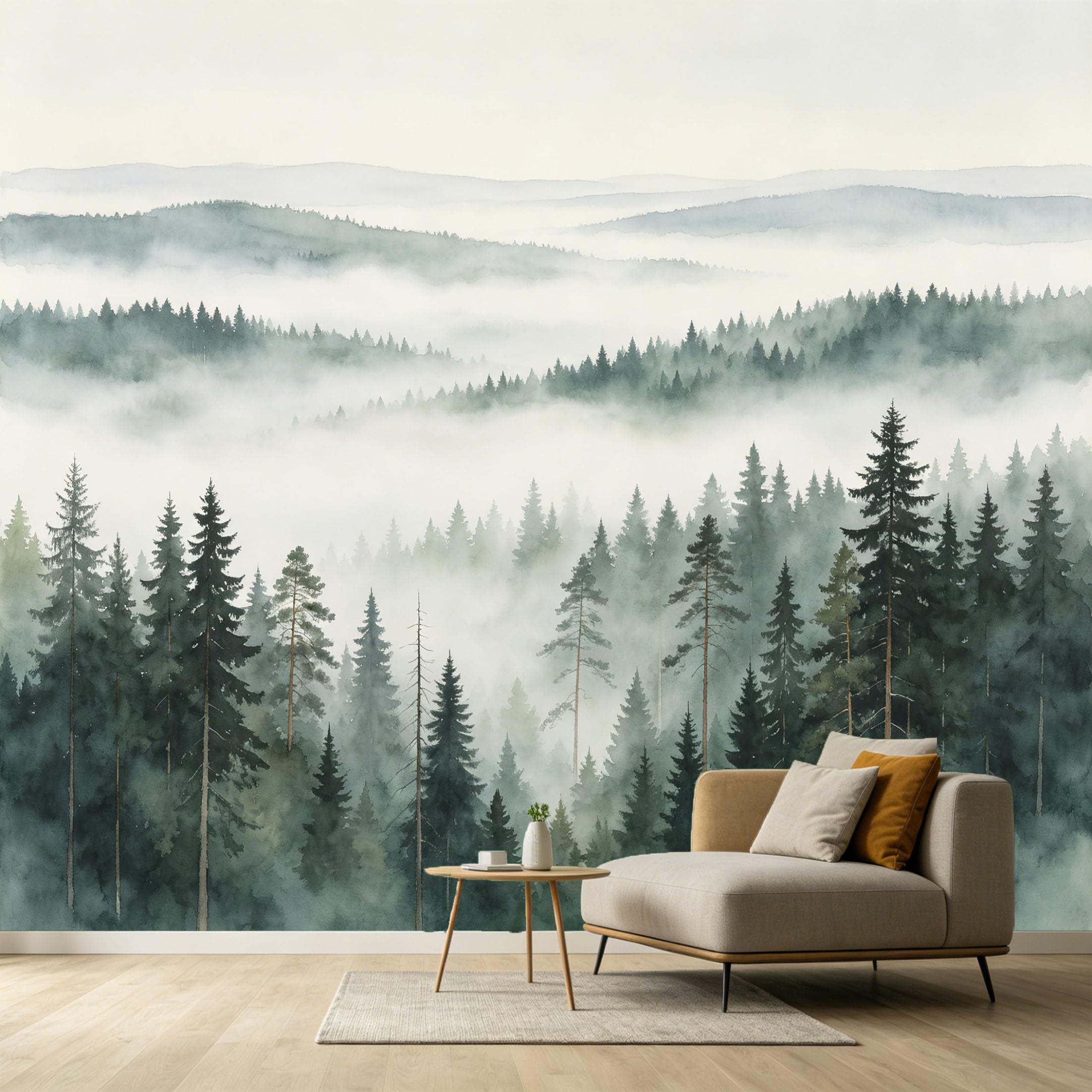 Custom Size Wall Murals Misty Forest Landscape Watercolor Pine Trees SelfAdhesive Wall Fabric Removable Large Wallpaper for Photo Living Room Interior Decor
