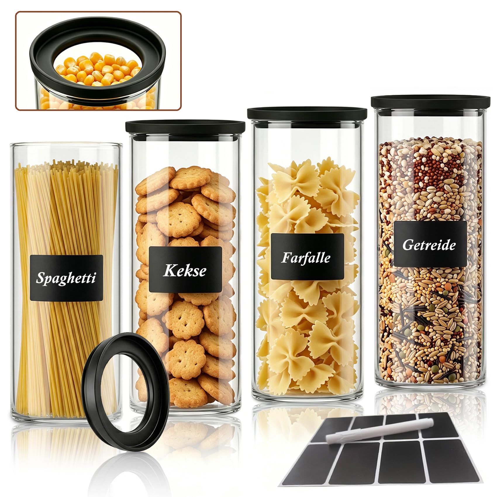Vorratsgläser mit Deckel Glas 4er Set 1800ml Vorratsdosen Glas Luftdicht mit Transparenten Glasdeckel Vorratsglas Rund mit Etiketten Stapelbare Aufbewahrungsgläser für Küche Spaghetti Aufbewahrung