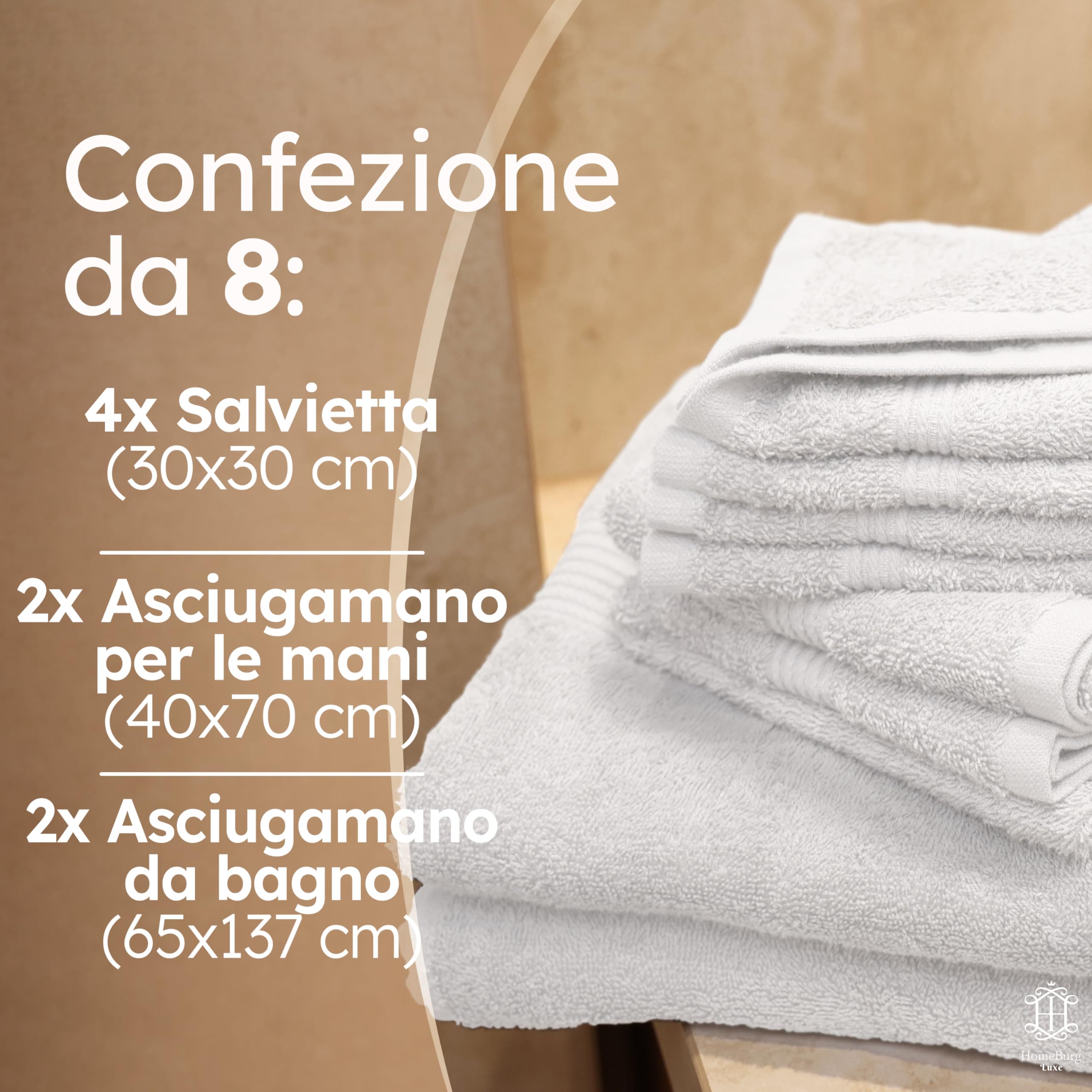 Luxe Set asciugamani 8 pezzi: salviette (30×30 cm), asciugamani (40×70 cm) & teli bagno (65×137 cm) – 100% cotone, morbidi, assorbenti, Bianco