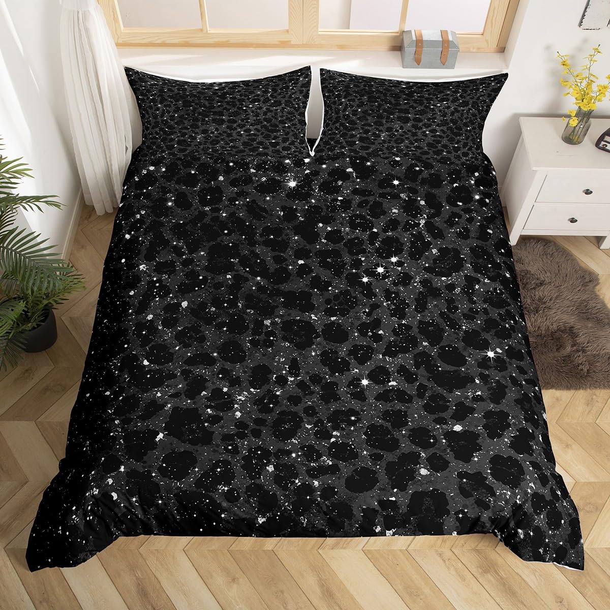 Homemissing Dark Black Leopard Duvet Cover Set Super King Size Cheetah Bedding Set for Girls Women Animal Print Duvet Cover with 2 Pillowcases (No Glitter) Safari Bedroom Decor,Zipper Closure