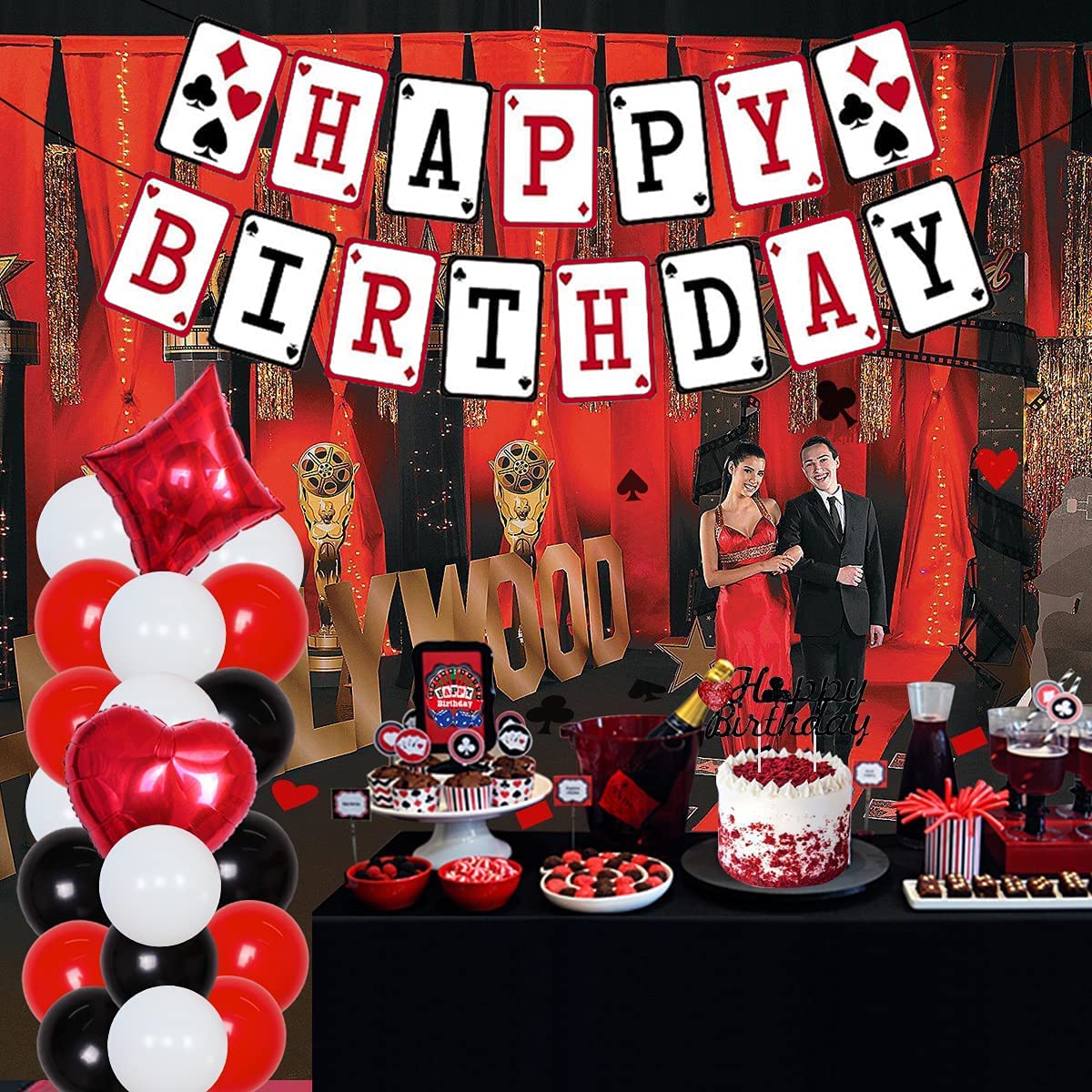 Image secondaire de Décorations pour Fêtes de Casino - Bannière Joyeux Anniversaire, Confettis et Ballons sur Thème du Poker pour la Soirée Casino L