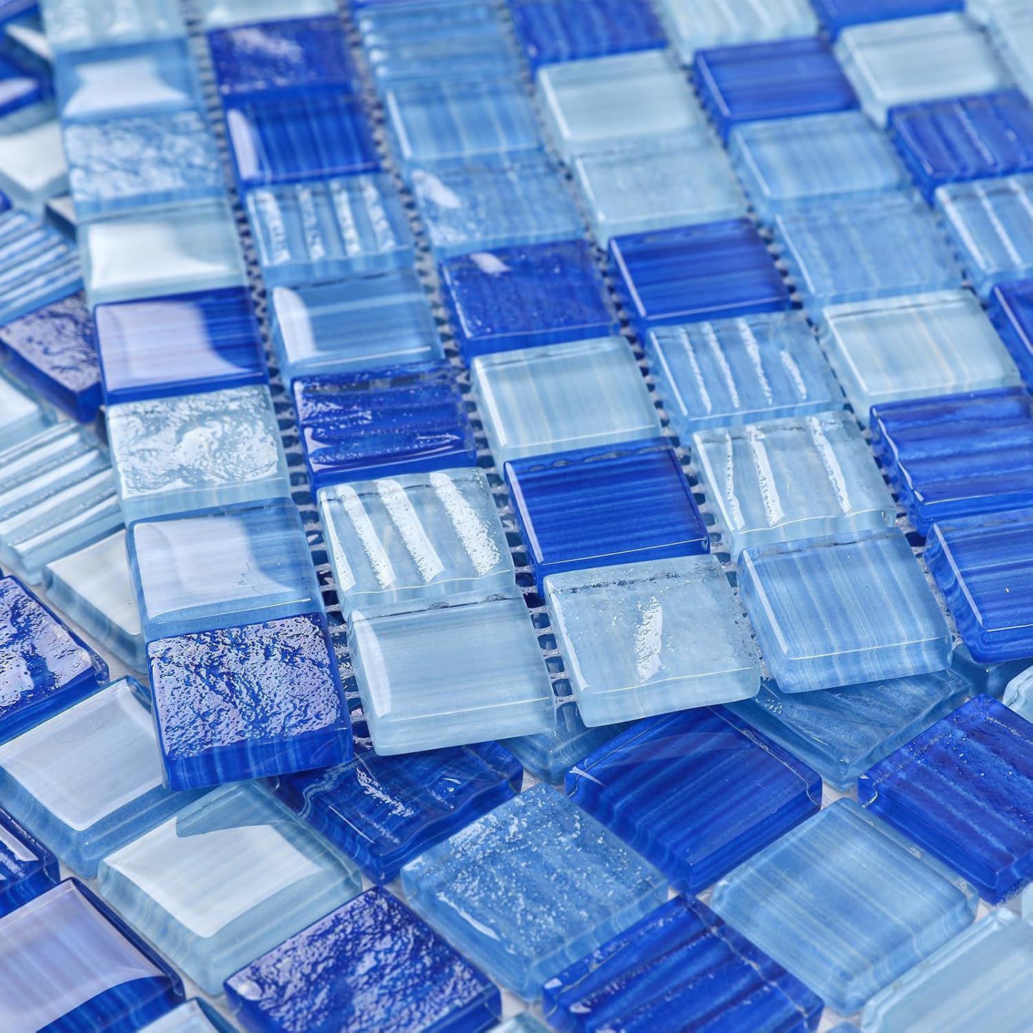 Mixed Blue Glass Mosaic Tiles, Pool Tiles, 12x12 Inch Glass Tile for Kitchen Backsplash, Bathroom Shower Wall and Swimming Pool, 5 Sheets
