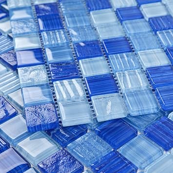 Lovdeco Mixed Blue Glass Mosaic Tiles, Pool Tiles, 12x12 Inch Glass Tile for Kitchen Backsplash, Bathroom Shower Wall and Swimming Pool, 5 Sheets