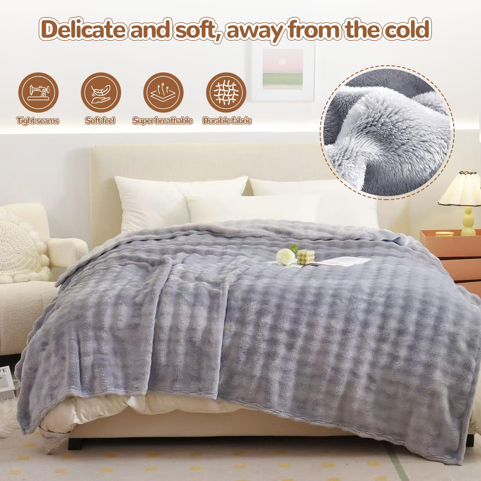 Morbide Coperte in Pile Di Coniglio, Morbida Coperta Reversibile in Pile con Bolle, Soffice Coperta L'inverno, Per Letto, Divano, Auto, Accogliente (Blue-gray,200 * 220cm)
