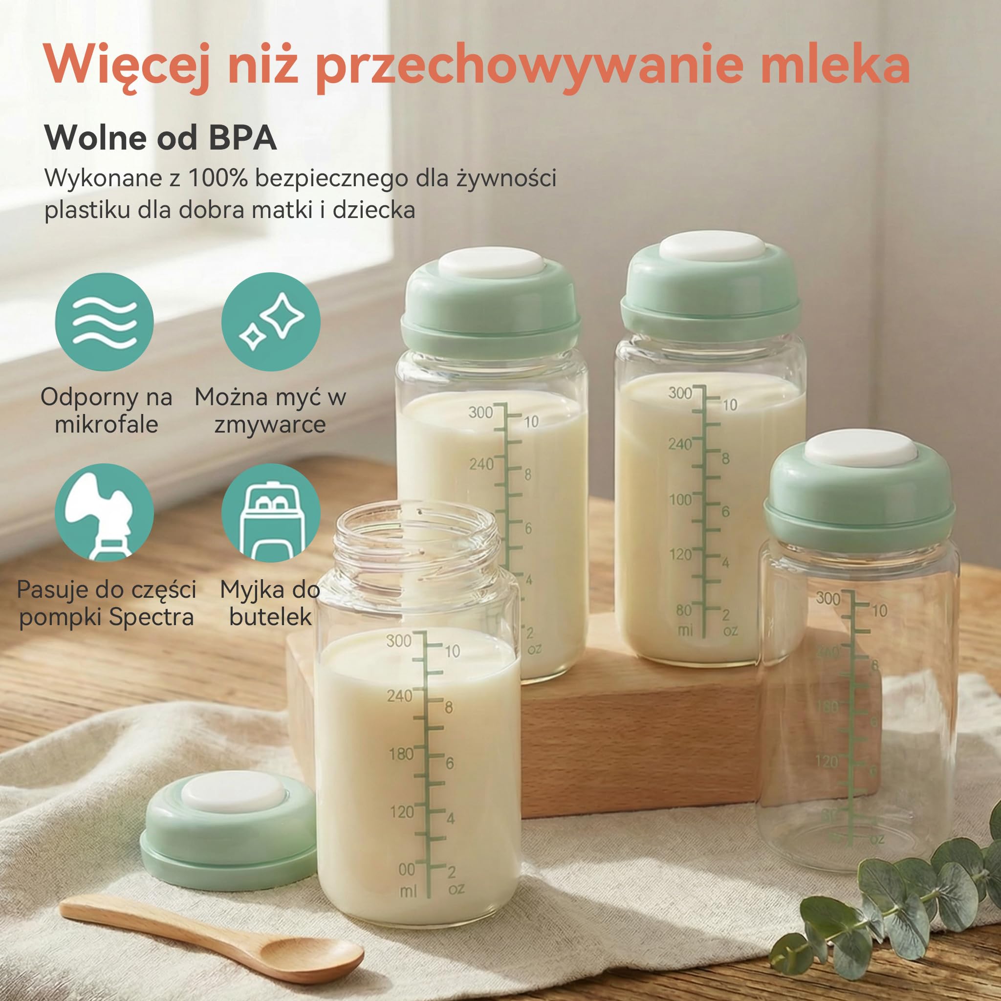 4 opakowania 300 ml butelka do przechowywania mleka matki do przenośnej chłodnicy Momcozy, 650 ml - szczelna szeroka szyjka kompatybilna z Spectra S1 S2 9 Plus SG Motif Luna (zielona)