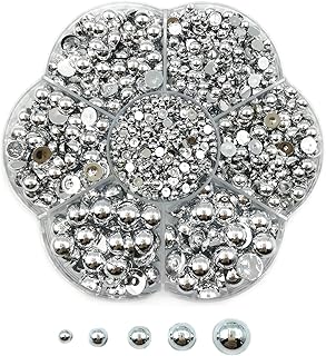 Amaney 2100pcs Silver Satin Luster ABS Imitation Pearls Half Round Pearls Assorted Mixed Sizes 3/4/5/6/8mm Flatback Pearl Beads DIY Material (Silver)