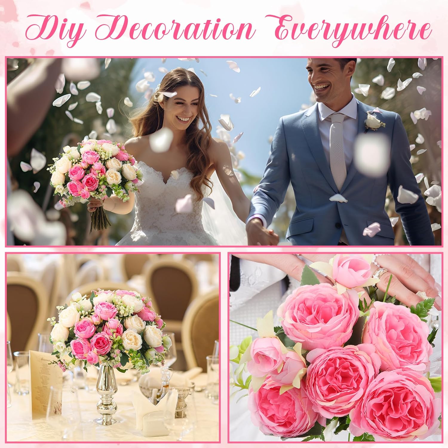 Geosar 8 Bundles Artificial Peonies Flowers Fake Silk Peony Bouquet Faux Peonies Flowers Bulk for Decoration Vase Floral Arrangements Wedding Party Table (Pink,Champagne)