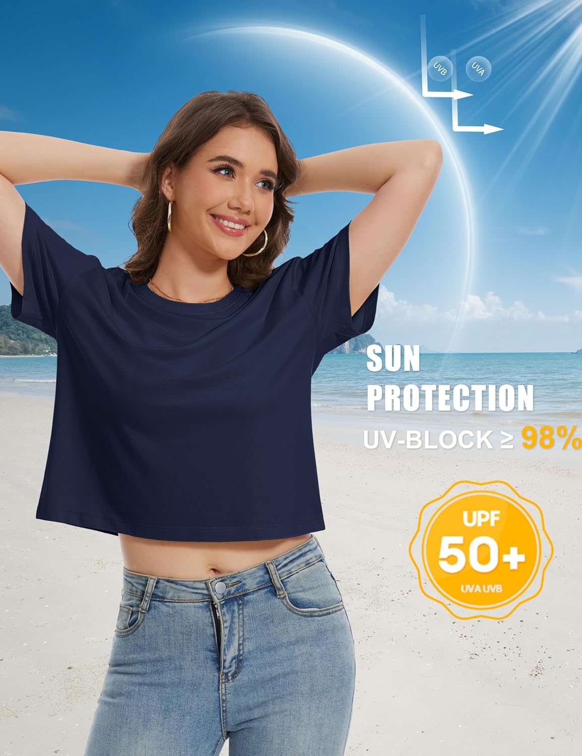 YUCOLEN Women's Crop Tops Summer Short Sleeve Cotton UPF 50+ Round Neck Casual Loose Cropped T-Shirts Solid Basic Tees - Image 4