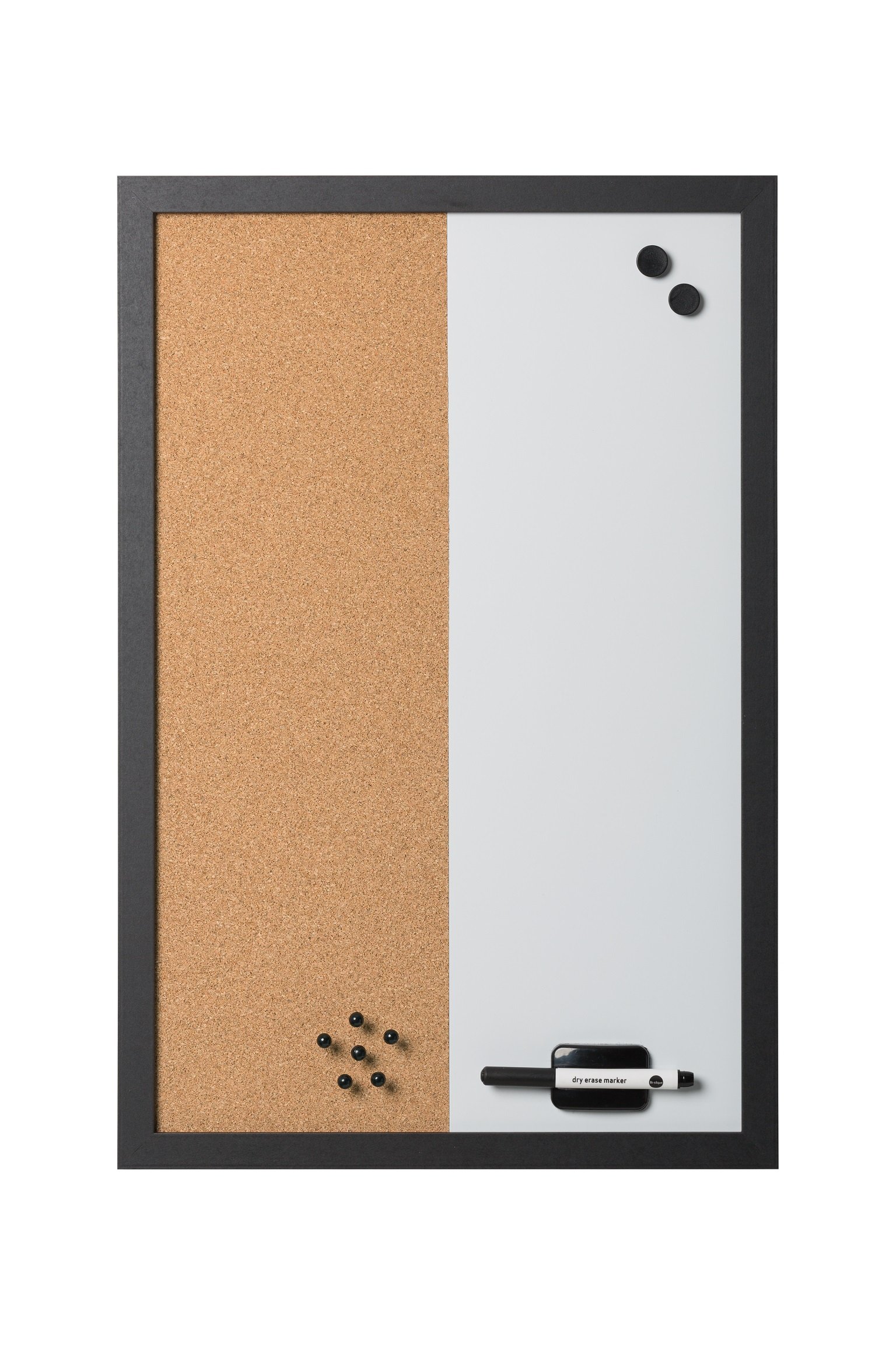 Bi-Office - Combo Pizarra Blanca y Tablón de Anuncios Elements, Magnético, Borrado en Seco/ Corcho, Marco MDF Negro, 60x40cm