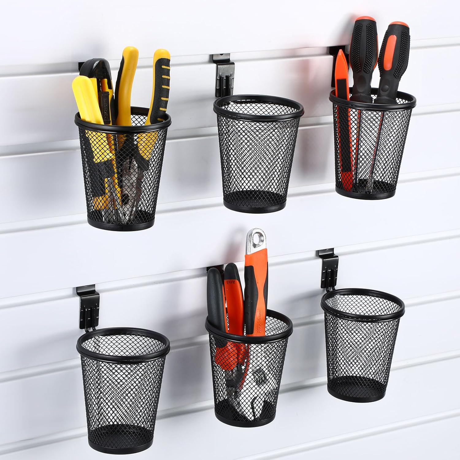 Briwooody 6 Set Slatwall Accessory Cups with Hook, Slatwall Holder Organizer Accesories, Slat Wall Bin Metal Mesh Pencil Tool Holder Steel Cups for Craft Garage Workshop Office Storage(Medium,Black)
