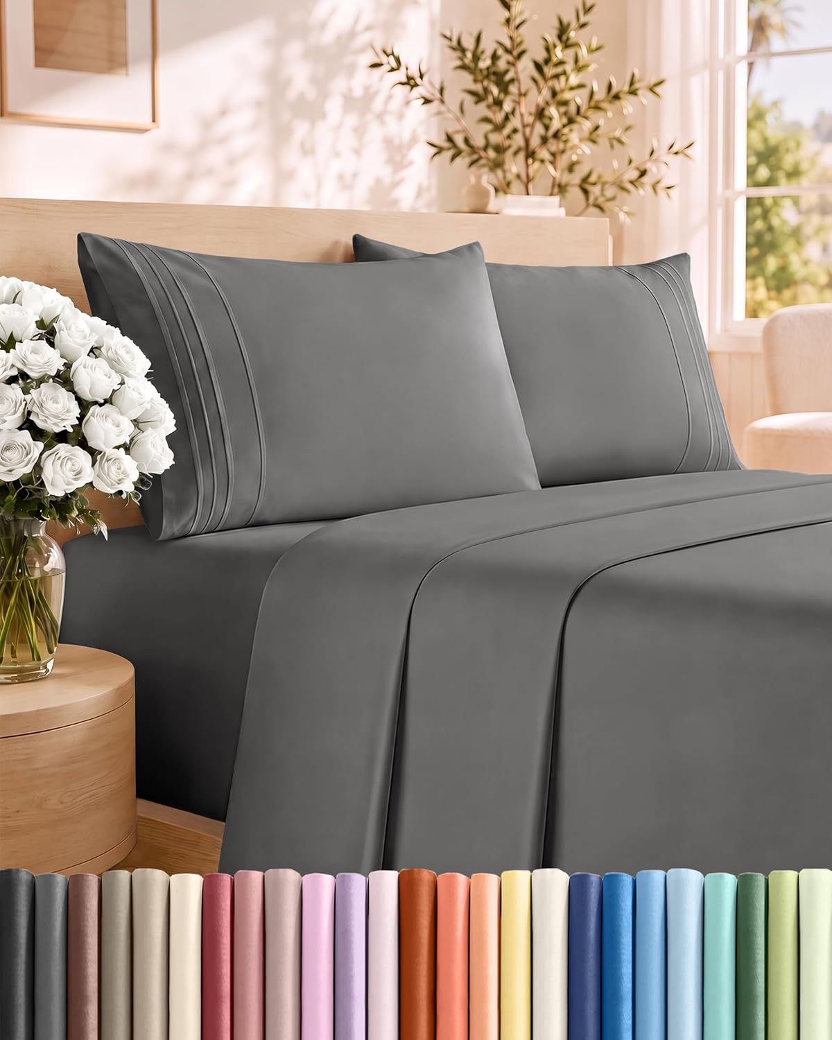 Queen Size 4 Piece Sheet Set - Breathable & Cooling Sheets - Dark Grey