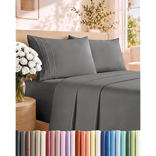 King Size 4 Piece Sheet Set - Comfy Breathable & Cooling Sheets - Dark Grey