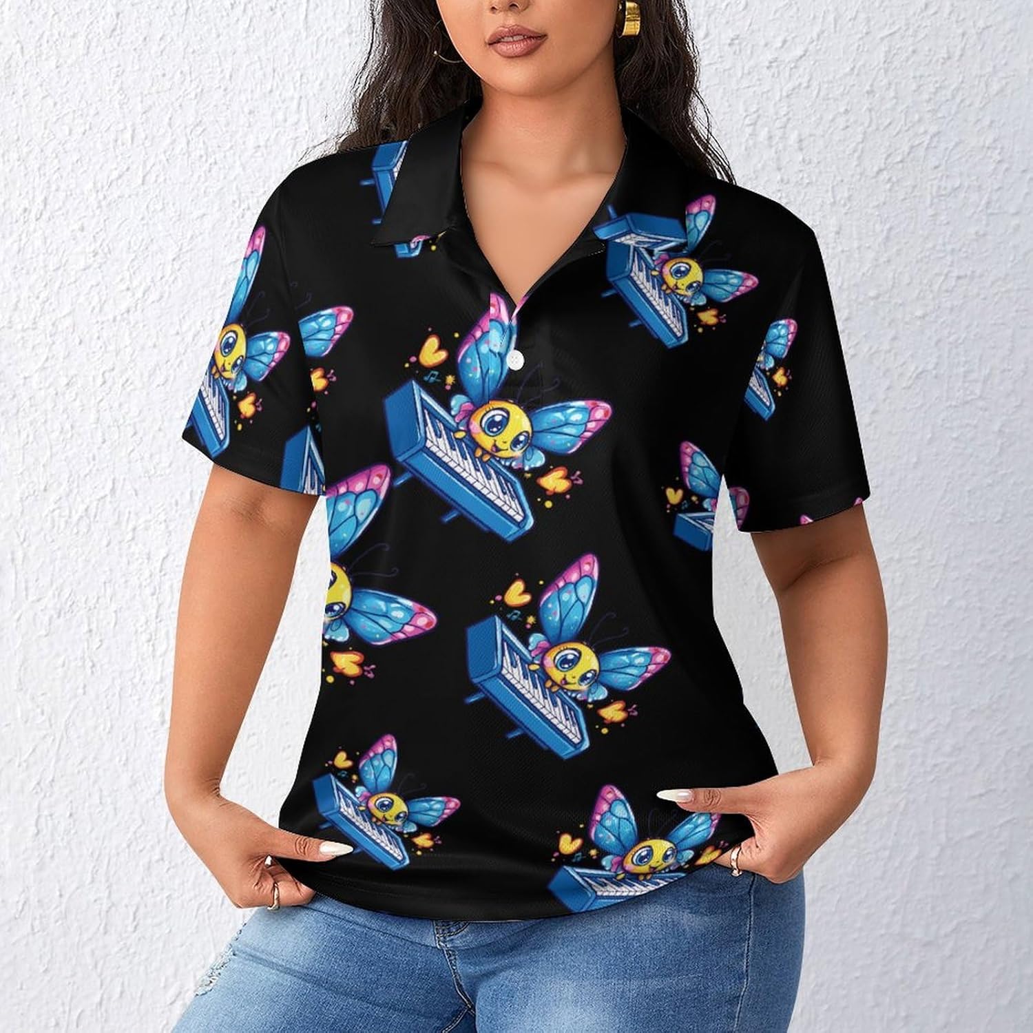 Butterfly Playing Piano Womens Golf Polo Shirts Summer Short Sleeve Collared 3 Buttons T Shirt Activewear Tops