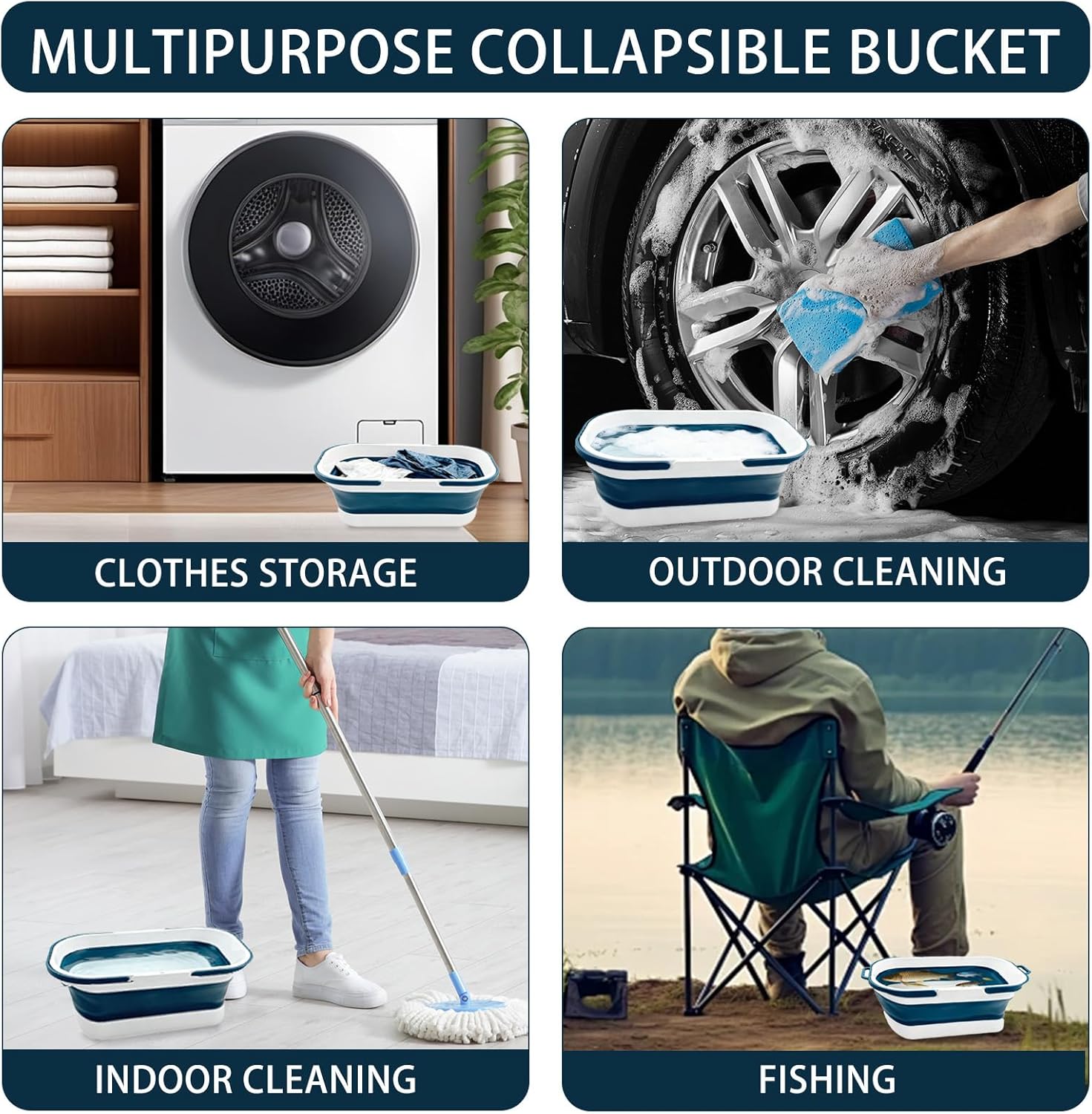 2 Pack Collapsible Plastic Bucket, Large Foldable Cleaning Mop Container, 3.17 Gal Rectangular Portable Water Pail with Handle for House Laundry Fishing Camping Car Washing Storage Green, Grey