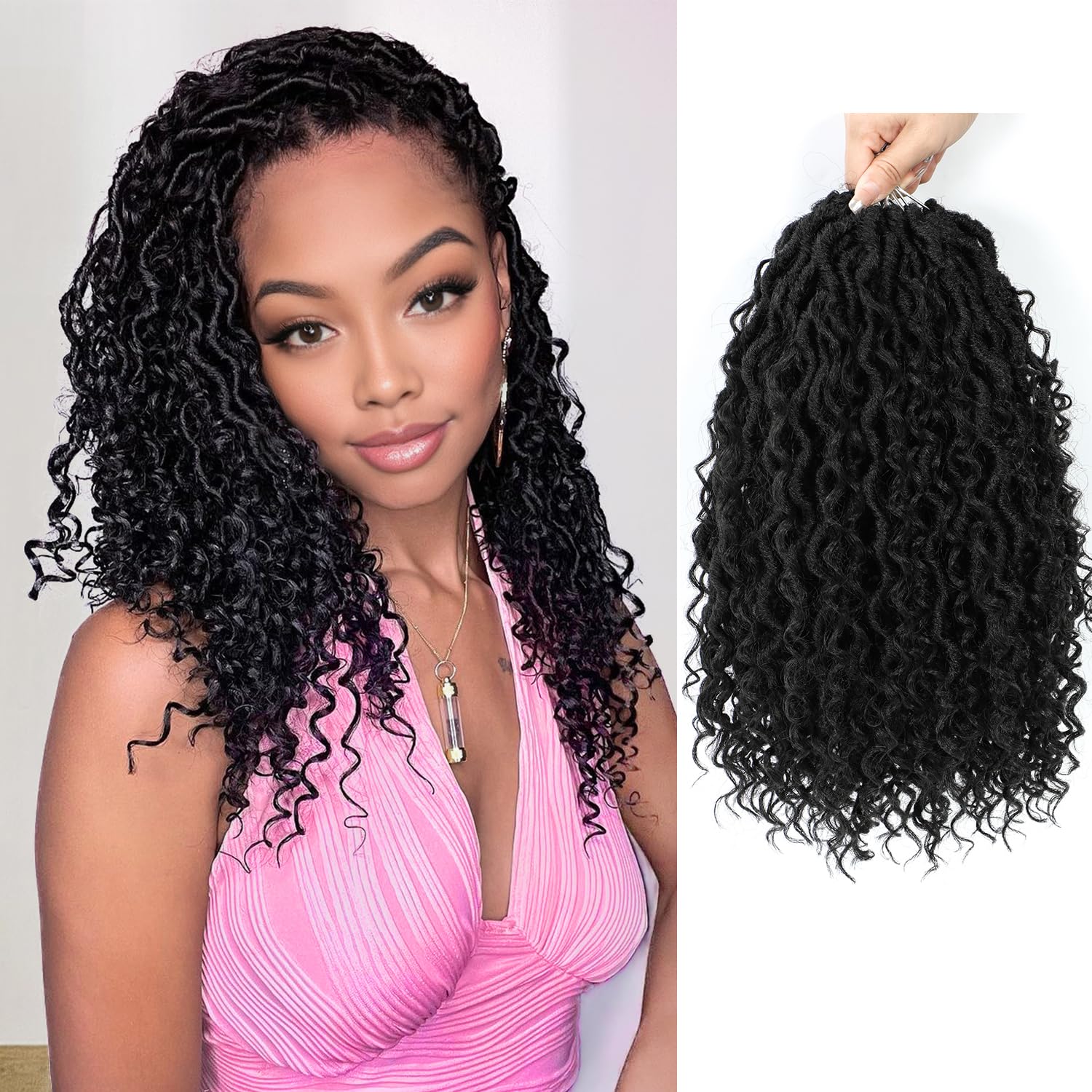 New Goddess Locs Crochet Hair 14Inch Pre Looped Faux Locs Crochet Hair 8Packs Bohemian Crochet Braids Hair for Black Women 1B