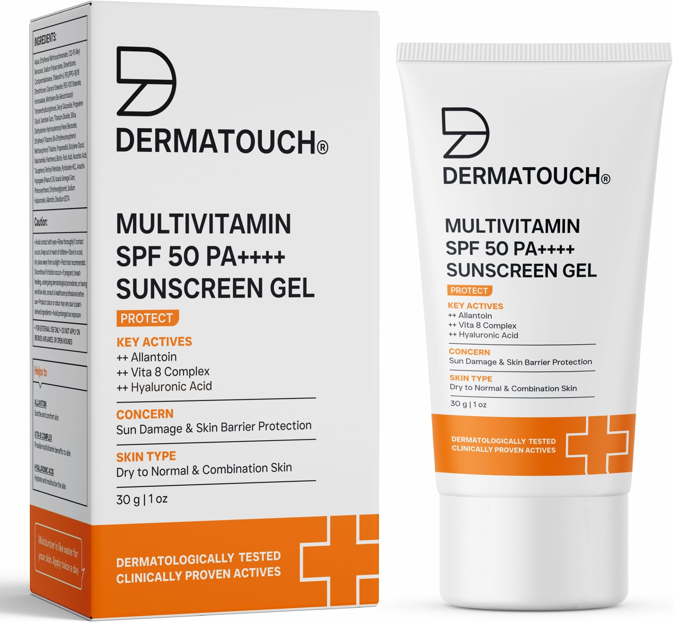 DERMATOUCH Multivitamin SPF 50 PA++++ Sunscreen Gel | Broad Spectrum UVA-UVB Protection | Zero White Cast | Helps Reduce Sun Damage & Skin Barrier Protection | For All Skin Types | 30g
