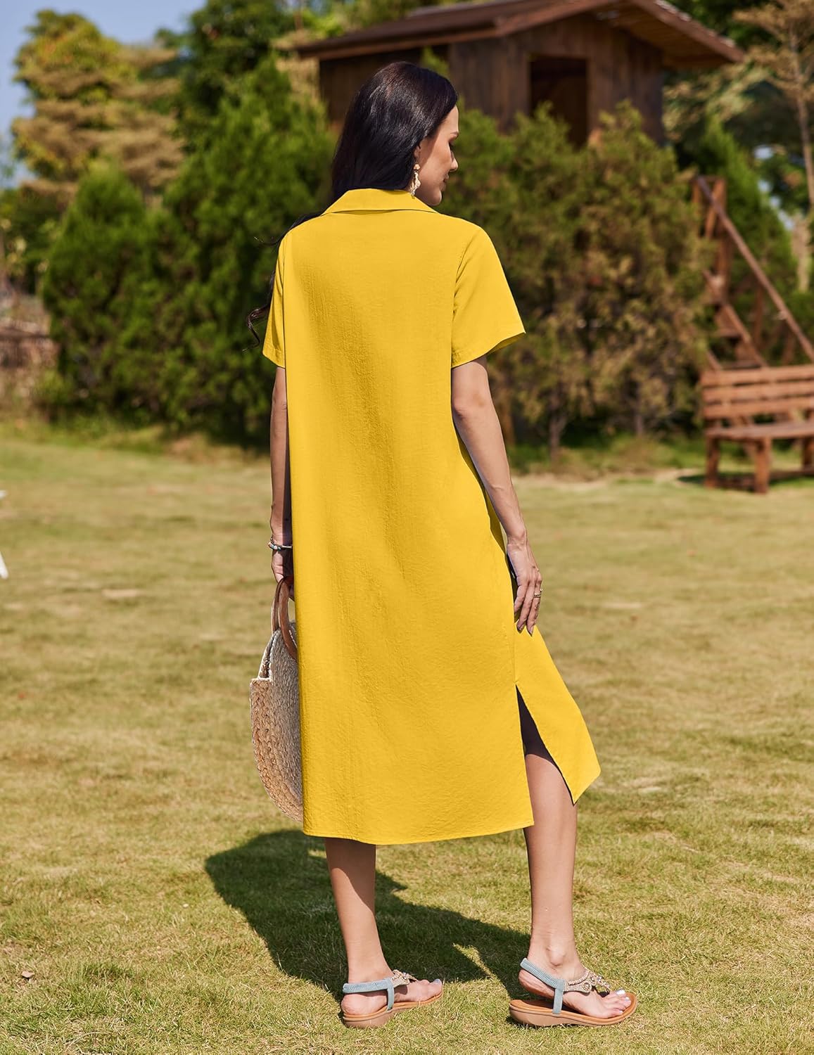 HOTOUCH Womens Dress Summer Casual Midi Short Sleeve Button Down Shirt Dresses Loose Beach Cover Up with Pockets - Image 4