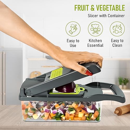 Miniatura 6 de Picador de verduras con recipiente, cortador de mandolina profesional 12 en 1, cortador de verduras multifuncional con mango superior, cesta de