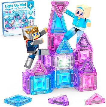 Frozen Mini Magnetic Tiles Princess Castle Building Toy, 50pcs Magnetic Building Blocks with 2 Little Action People & Magnetic Action Figures, Micro Magnet Travel Toys for Kids, Gifts for Girls Boys