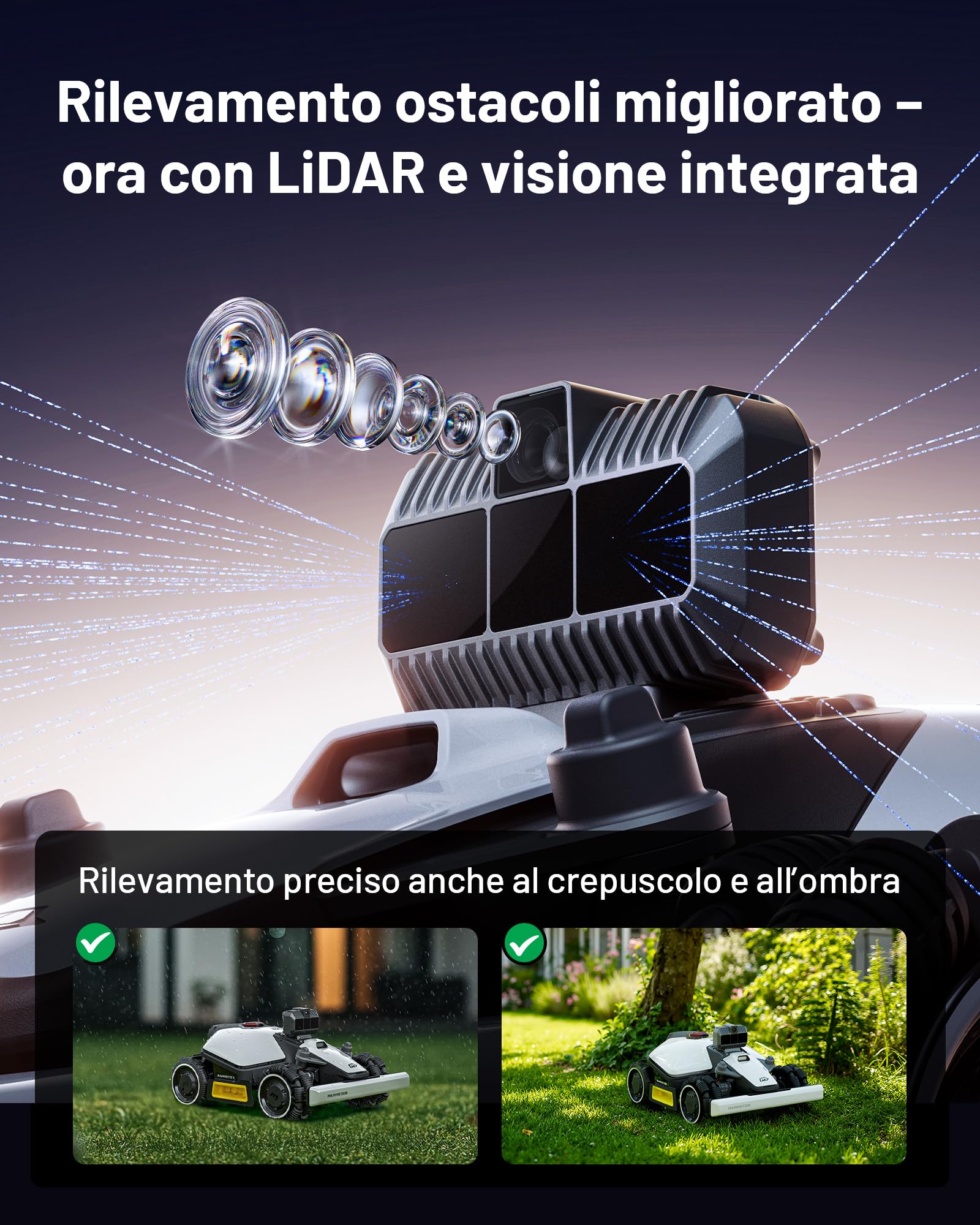 MAMMOTION LUBA mini AWD LiDAR – Robot Tagliaerba Senza Filo Perimetrale con LiDAR 3D+Visione, Senza Antenna RTK, Mappatura Automatica, Superficie Consigliata 1500 m², Modulo 4G, Pendenze Fino all'80 %