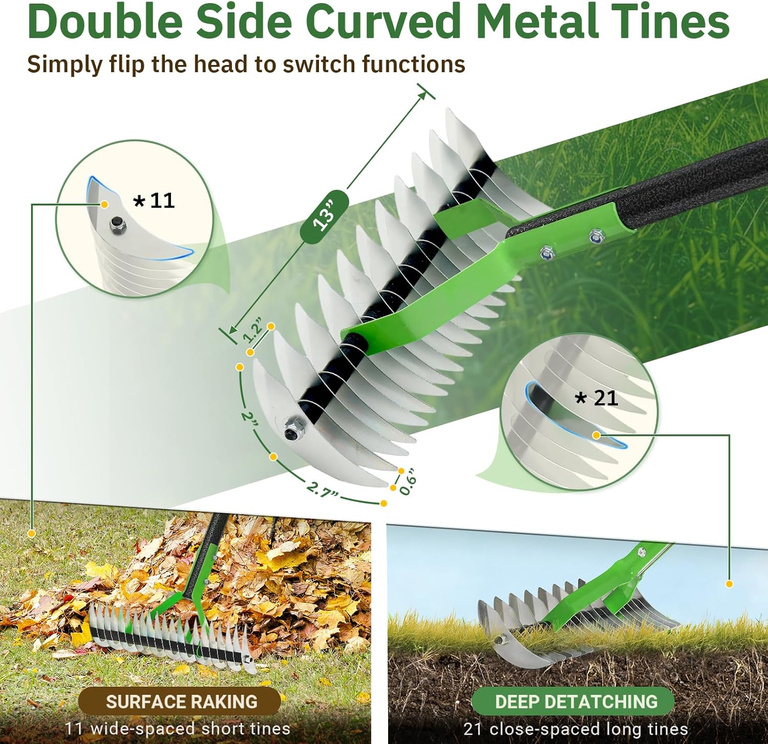 Thatch Rake, 13" Wide Efficient Dethatcher Rake with 55" Adjustable Long Handle, Heavy Duty Steel Metal Dethatching Rakes for Cleaning Dead Grass, Loosening Soil, Lawn Care in Yard Garden