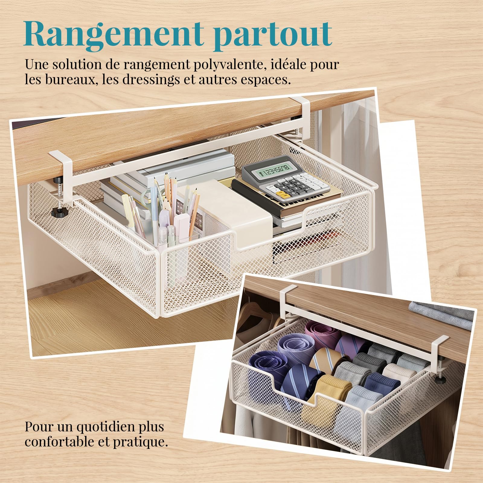 Milageto Panier de Rangement sous Tiroir de Bureau, Grande Capacité, Fer, Blanc