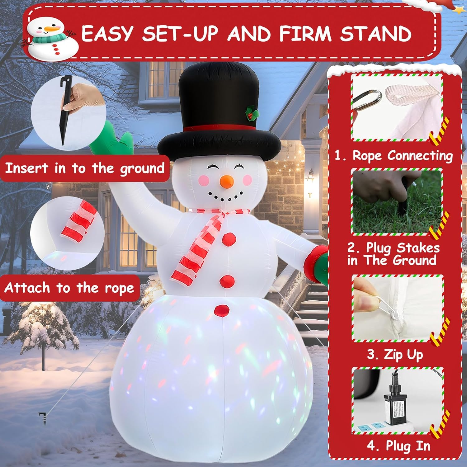 8FT Blow-Up Smiling Snowman with a Friendly Raised Hand, Large Inflatable Outdoor Christmas Decor IP44, Inflatable Snowman with Built-in 2 LEDs & Colorful Flashing Lights, for Yard/Party/Xmas Gift - Image 6