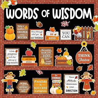 Mooliwe 57 Pcs Fall Bulletin Board Set Inspirational Cutouts Classroom | Words of Wisdom Teacher Decor, Scarecrows Pumpkins Leaves Cutouts, Office School Wall Supplies, Motivational Quotes
