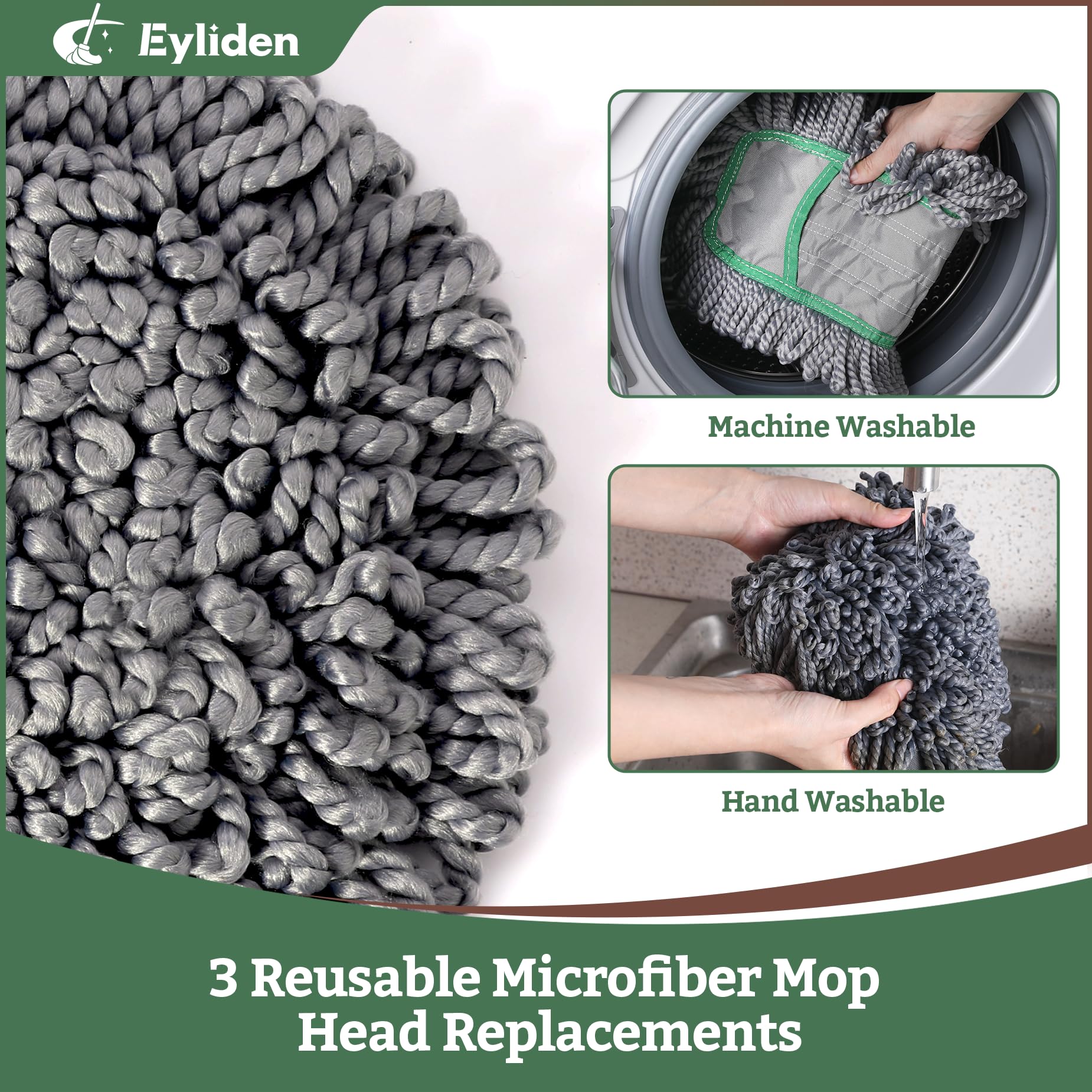 Eyliden Pro - Mopas antipolvo para limpieza de suelos, 3 almohadillas de microfibra lavables, reemplazo con un solo clic, mango telescópico, diseño profesional para suelos y pelo de mascotas (gris +