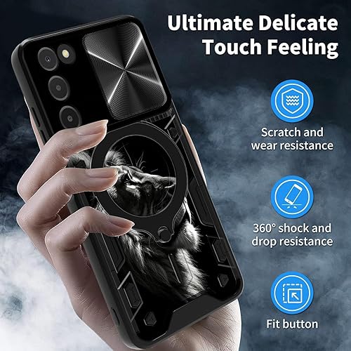 Vista 349 de Funda para Samsung Galaxy A13 5G con cubierta deslizante para lente de cámara y anillo giratorio de 360 grados, soporte híbrido de doble capa Flores