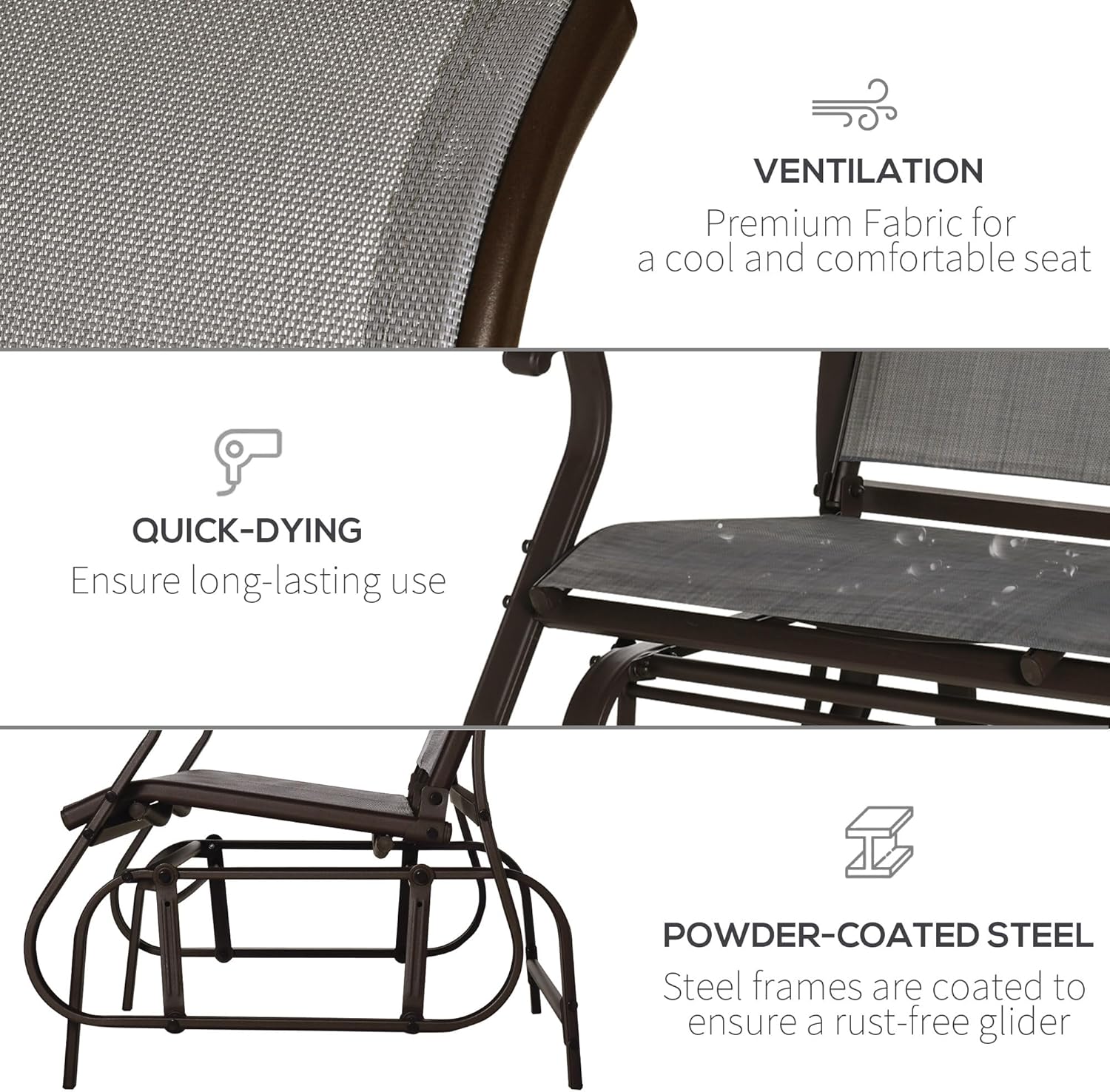 2-Person Outdoor Glider Bench, Patio Glider Loveseat with Powder Coated Steel Frame, Breathable Mesh Seat, 528 lb Capacity, Gray, for Porch Patio Backyard
