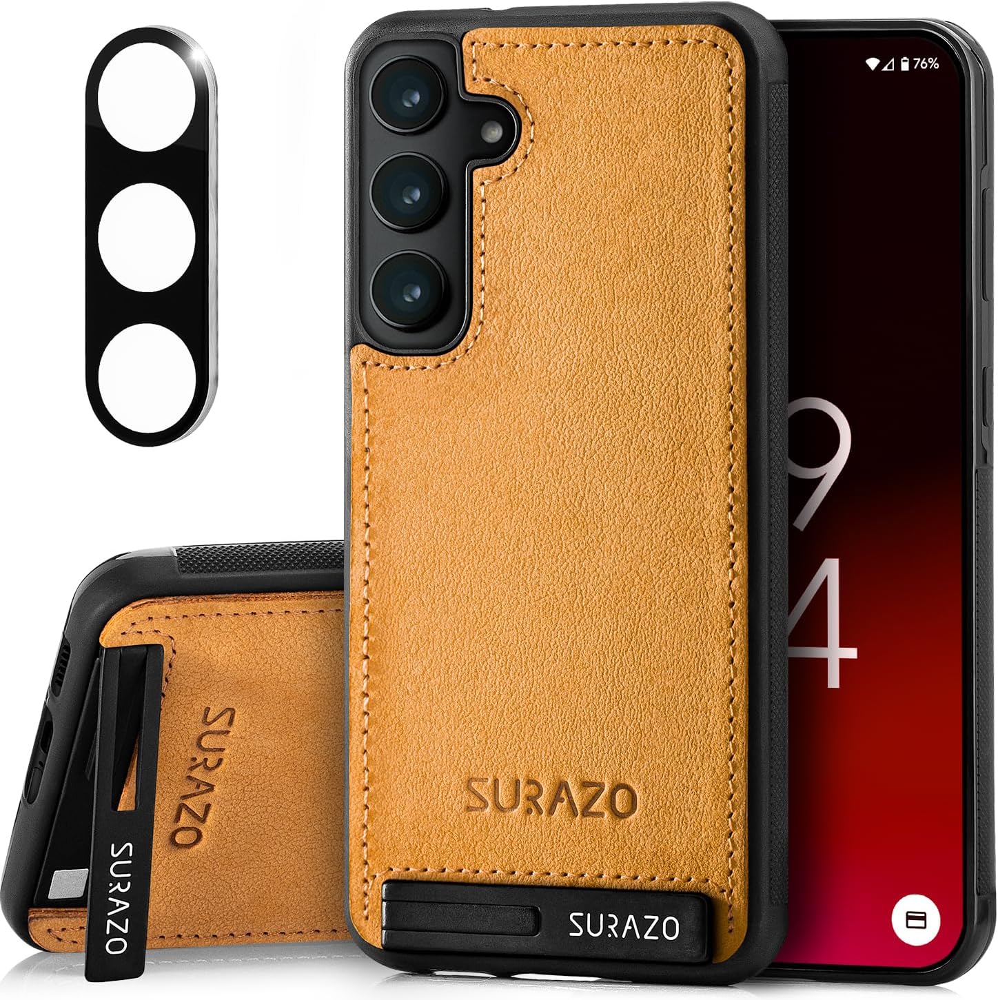 SURAZO Leather Case for Samsung Galaxy S25 - Genuine Leather Back Mobile Phone Case with Stand Function, Key Ring, Shockproof, Camera Protection (Nubuck Yellow)