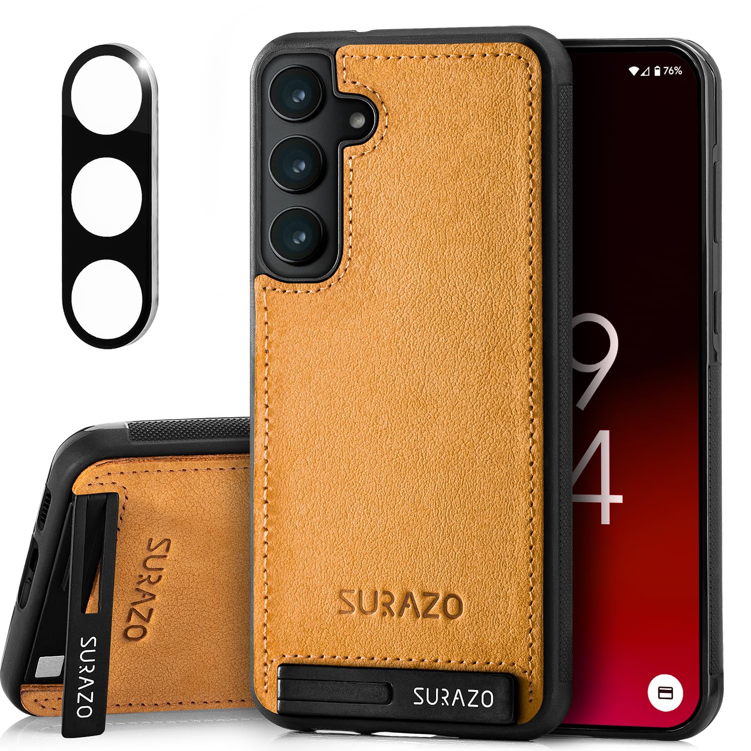 SURAZO Skórzane etui do Samsung Galaxy S25 z ochroną aparatu – tylna strona etui na telefon komórkowy z prawdziwej skóry [funkcja stojaka] [kółko na klucze] odporne na uderzenia etui ochronne z