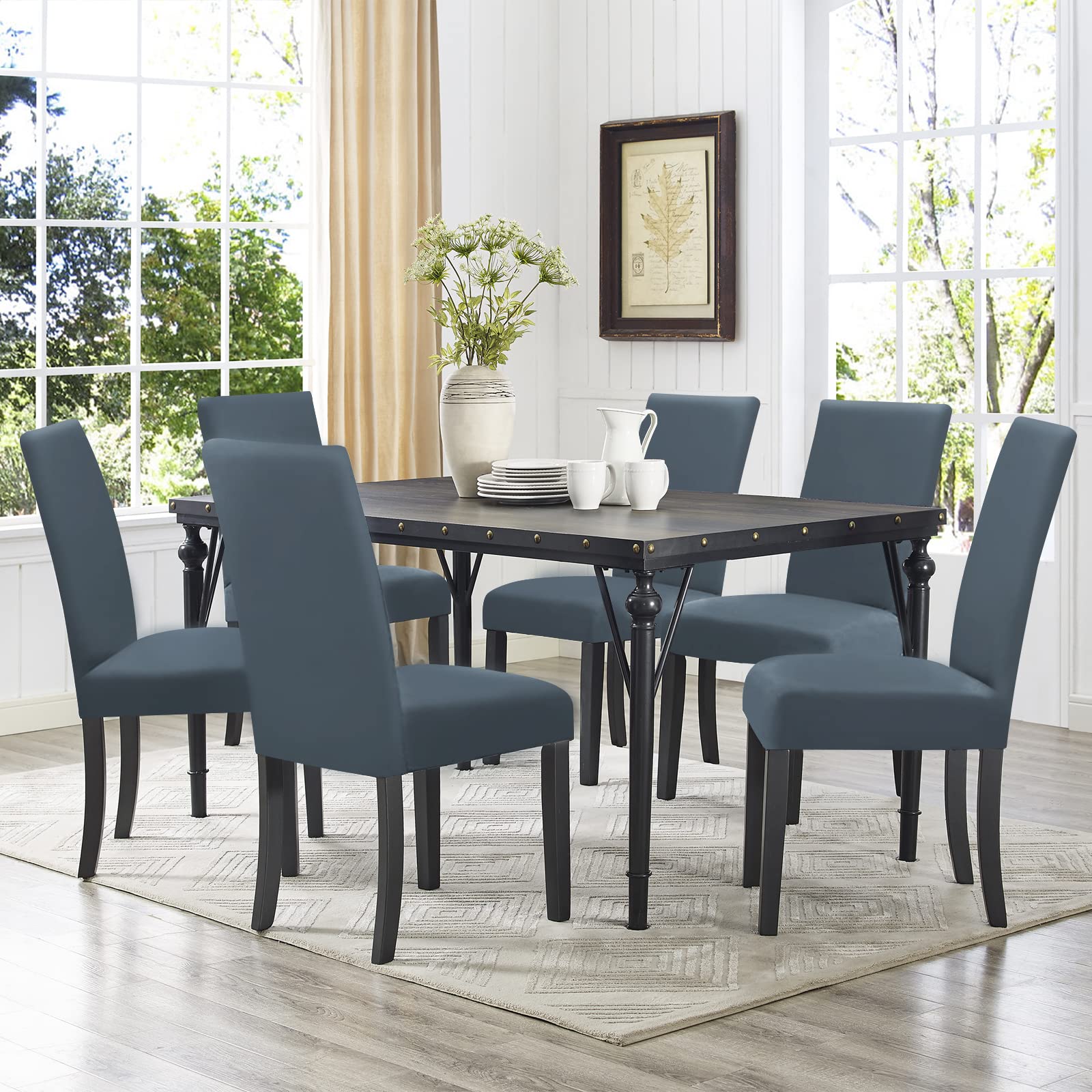 FIGOOO Coprisedie Elasticizzati con Schienale 4 Pezzi Coprisedia per Sala da Pranzo Spandex Fodera per Sedia da Cucina Universale Lavabile Decorazioni per la Casa Cucina(Grigio-Blu,4pcs)