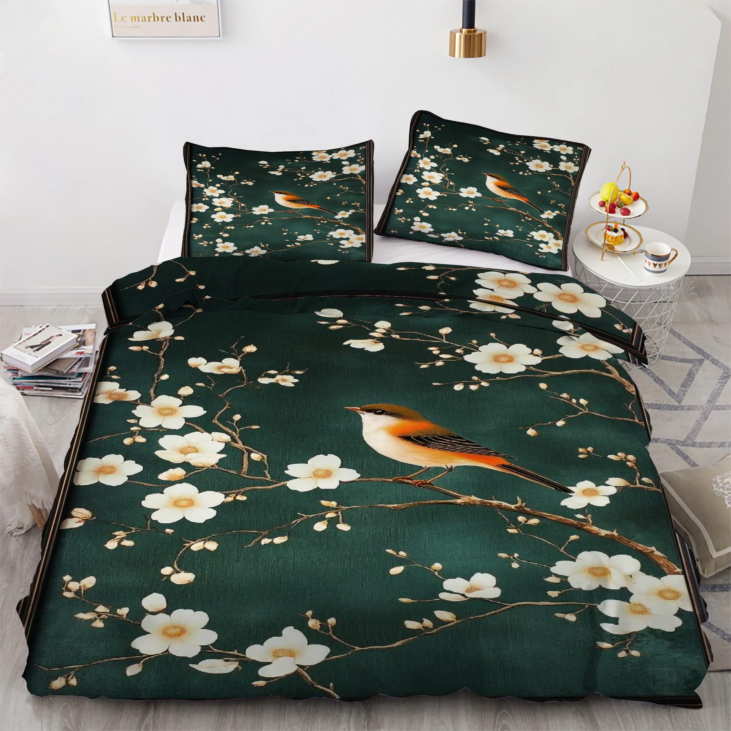 Parure de lit fleurs et oiseaux 160x200 en microfibre douce avec zip invisible