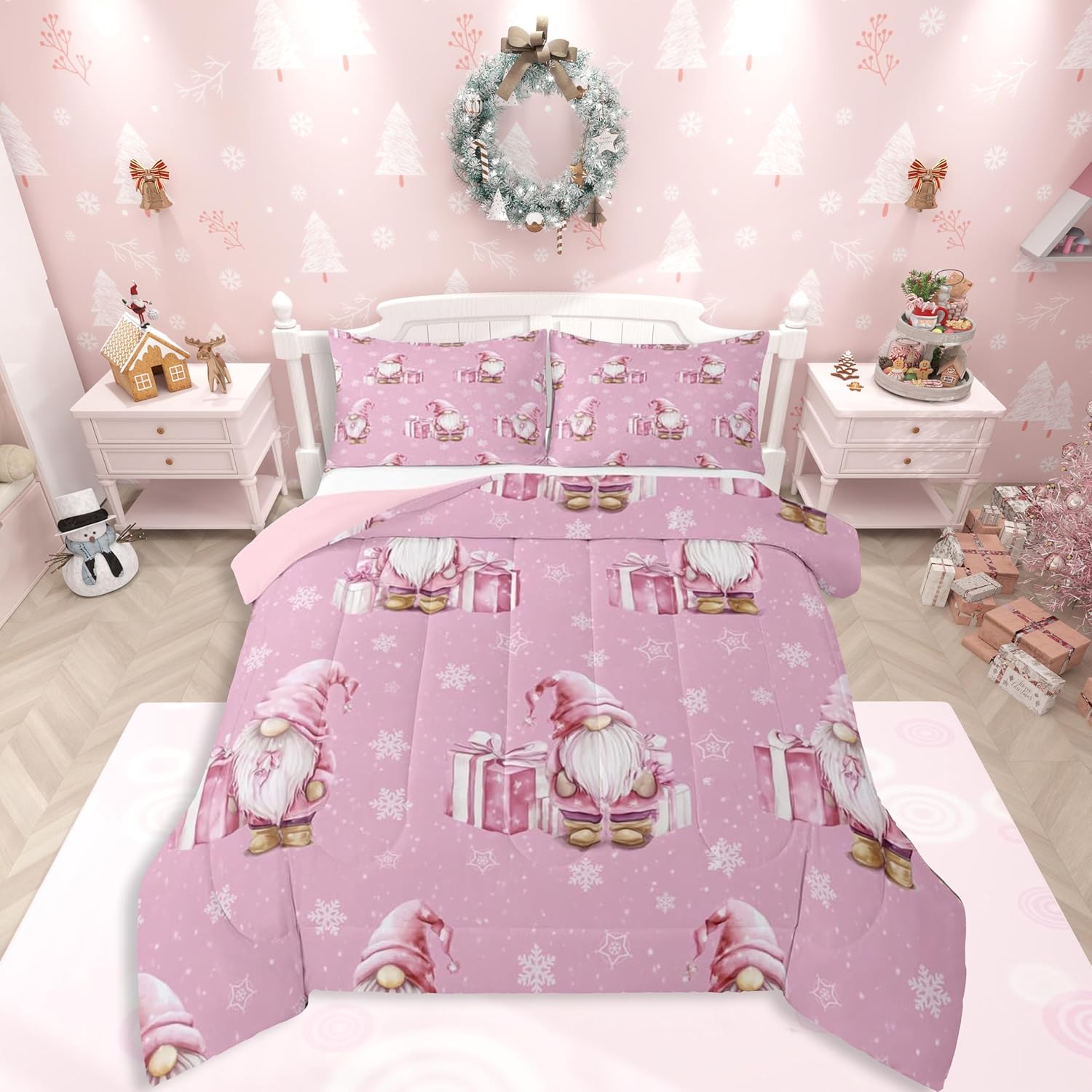 Feelyou Pink Christmas Bedding Set Soft for Boys Girls, Scandinavian Christmas Santa Gnomes Comforter Set Twin Size Xmas Snowflake Duvet Quilt Bedroom Decor 2 Pcs with 1 Pillow Cases