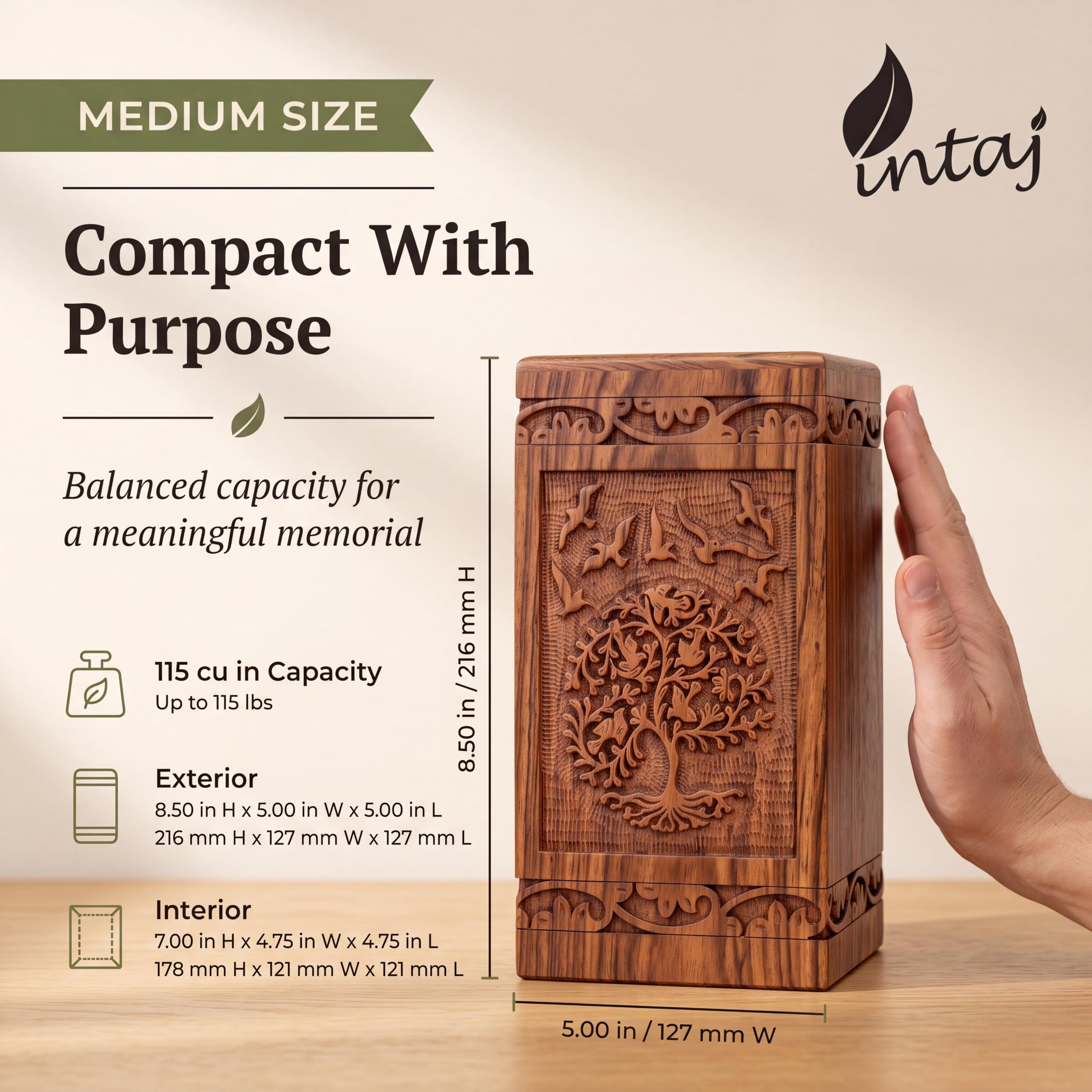 Urna de madera del árbol de la vida para cenizas humanas, capacidad de 115 libras, adecuada para entierro para hombres, mujeres, mamá, papá, mini urna de cremación de recuerdo de palisandro para