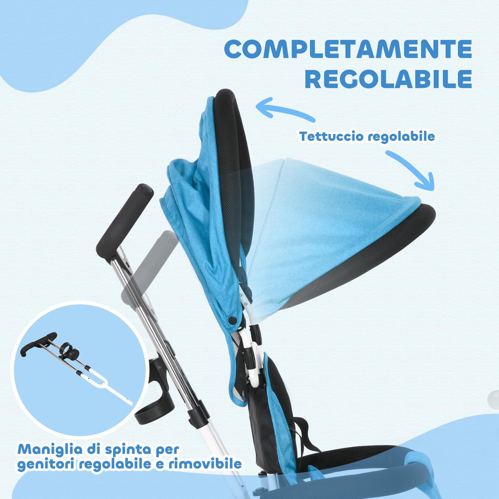 HOMCOM Triciclo per Bambini con Maniglione 6 in 1, Passeggino per Bambini con Tettuccio Regolabile, Cintura di Sicurezza e Cestino, Età 1-5 Anni, Blu