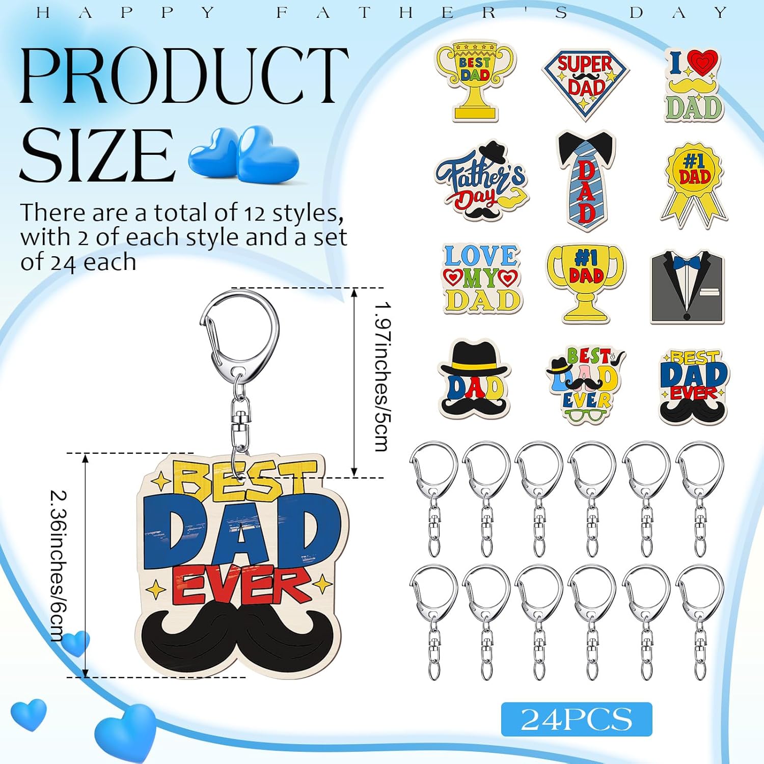 24 Pcs Dad Craft Color Your Own Keychains DIY Craft Wooden Blank Keychains for Sunday School Classroom Home Active Party Favors Gifts, 12 Styles