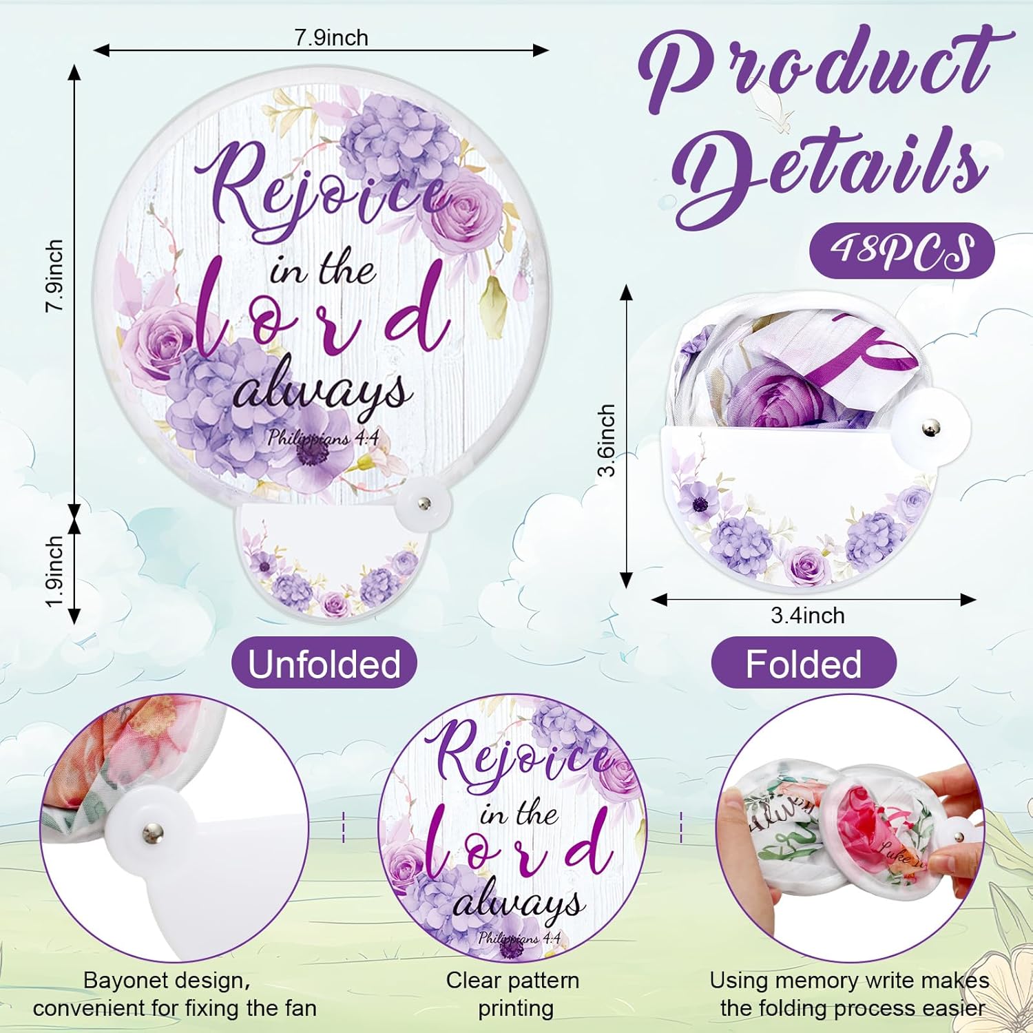 JarThenaAMCS 48Pcs Christian Church Folding Fans Bible Verse Flower Collapsible Handheld Fans with Storage Bags Wedding Party Favors for Women Church Services Summer Fall Gifts