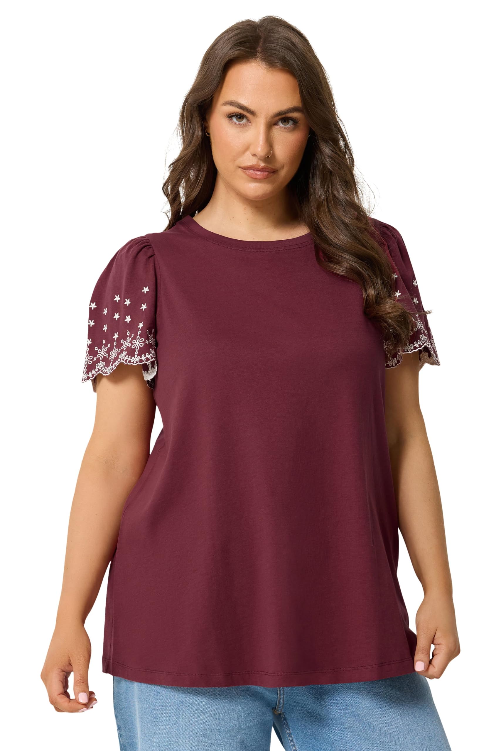 Yours Women's Burgundy Embroidered Sleeve T-Shirt In | : 22/24
