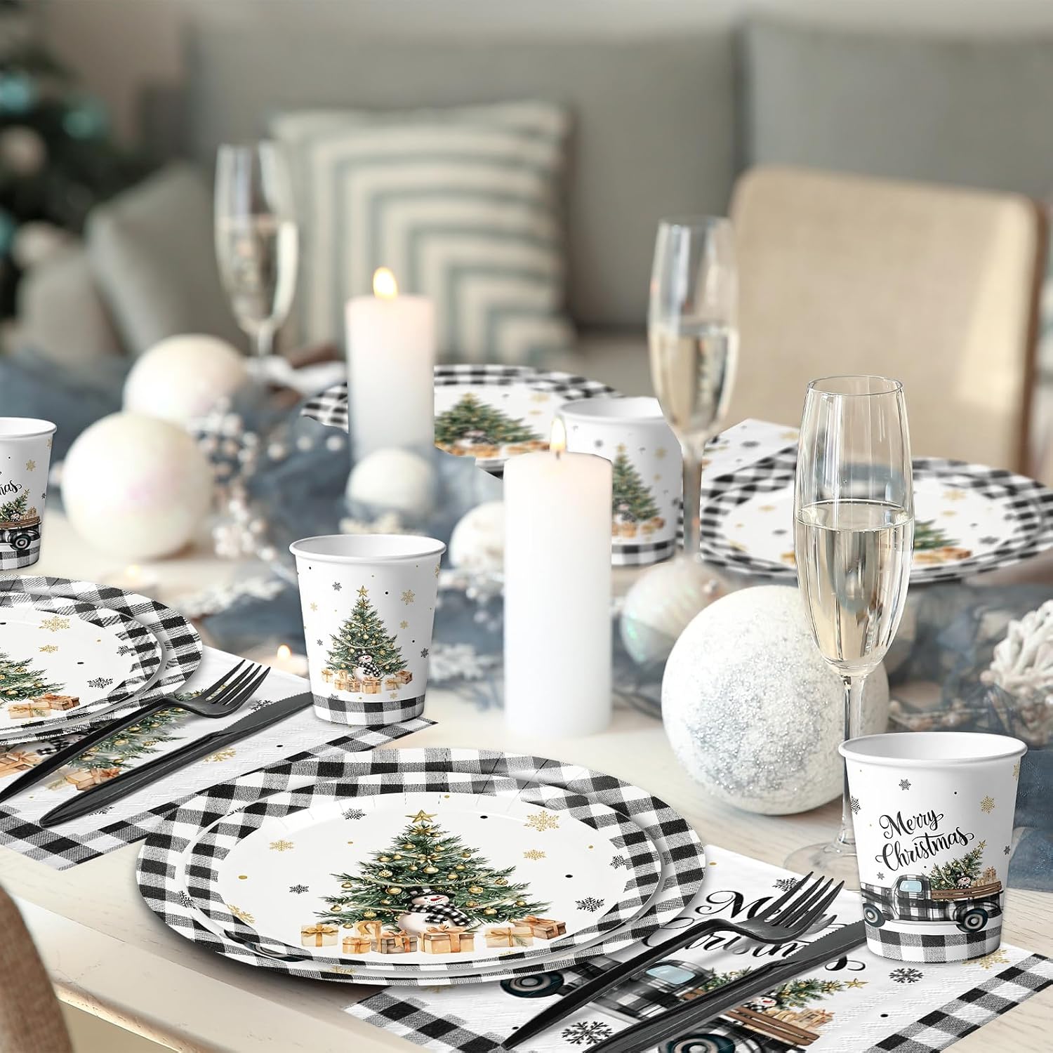 144 PCS Christmas Paper Plates and Napkins Farmhouse Tableware Set Black and White Plaid Xmas Tree Truck Snowman Dinnerware for Winter Holiday Christmas Party Supplies ,24 Guests