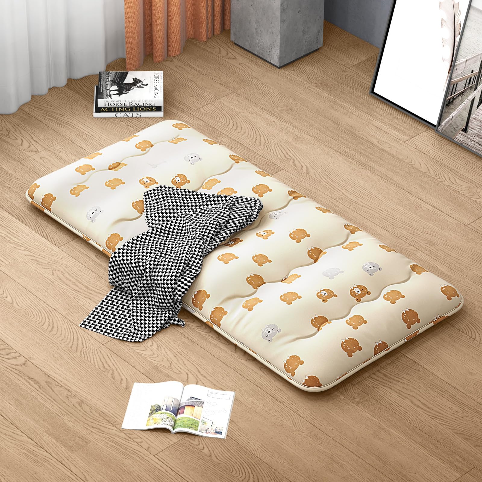 GIANTEX Materasso da pavimento Futon Giapponese, Tappetino Tatami Pieghevole e Portatile, Materasso Pieghevole con Borsa da Trasporto e Fodera Rimovibile (Beige+Orso, 90 x 200 cm)