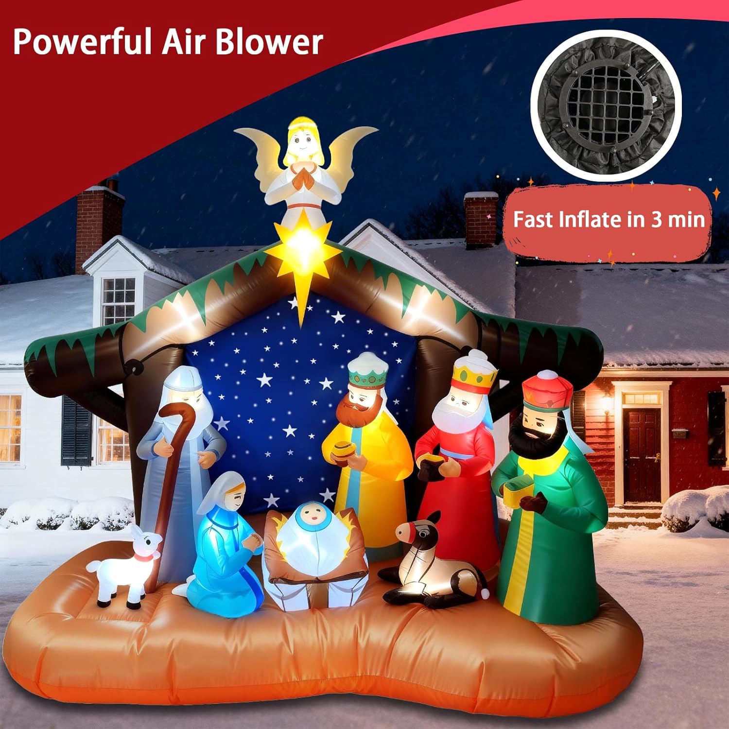 8FT Christmas Inflatables Nativity Scene Decorations, Outdoor Christmas Blow Up Yard Decor, Built-in White LED Lights, Waterproof Xmas Decorations for Yard Garden Lawn Holiday Party