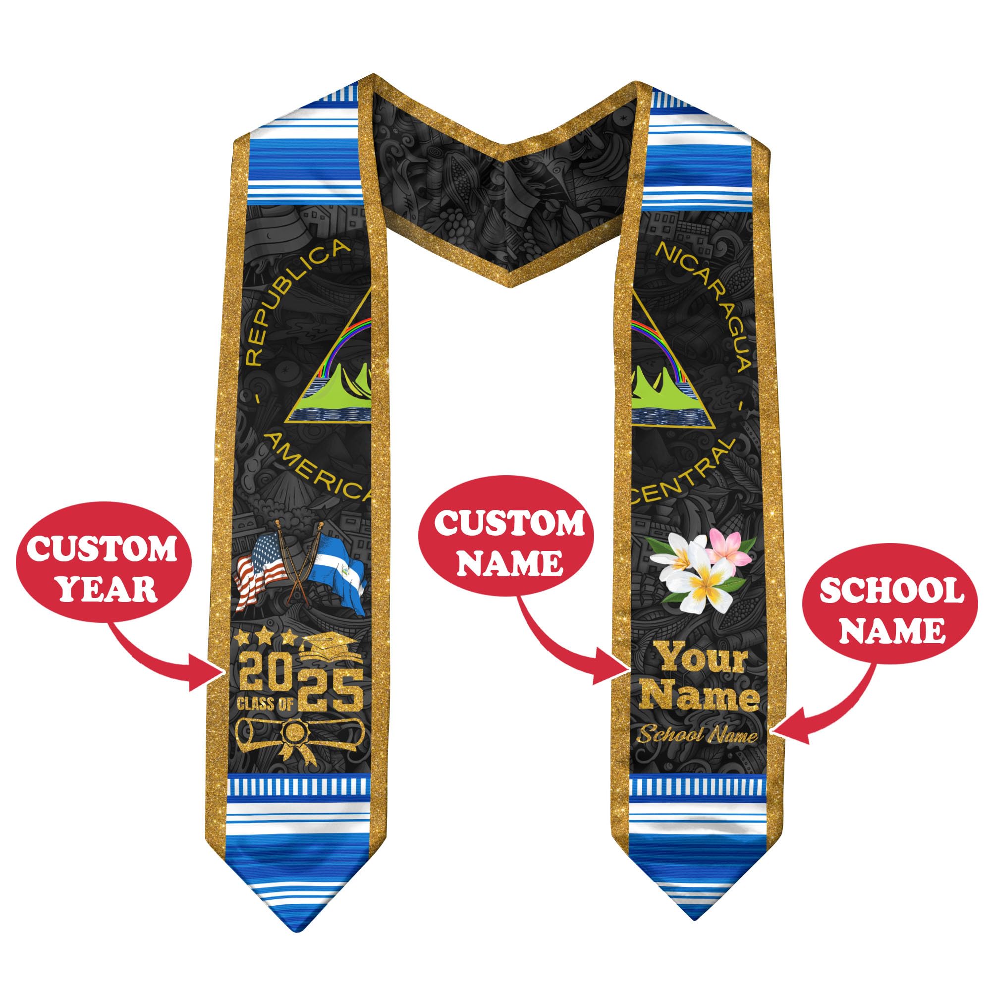 Nicaragua Graduation Stole 2025, Custom Nicaraguans American Flag Graduation Sash 2025, Nicaraguans Graduation Sash 5