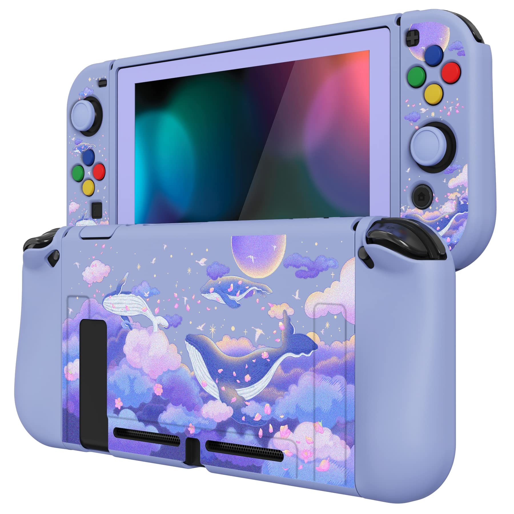 PlayVital ZealProtect Funda Protectora Suave para Nintendo Switch Accesorios Carcasa con Protector de Pantalla & Tapas de Agarre para el Pulgar & Pegatinas de ABXY Dirección Botón(Ballena en Sueño)